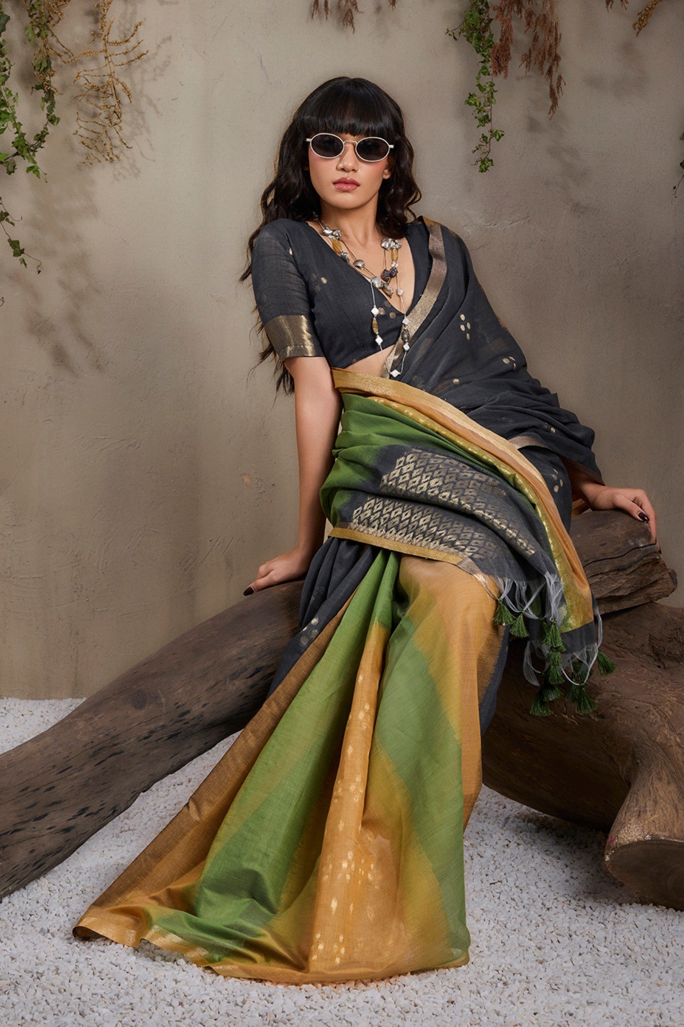 Buy MySilkLove Volcanic Black and Green Handloom Cotton Saree Online