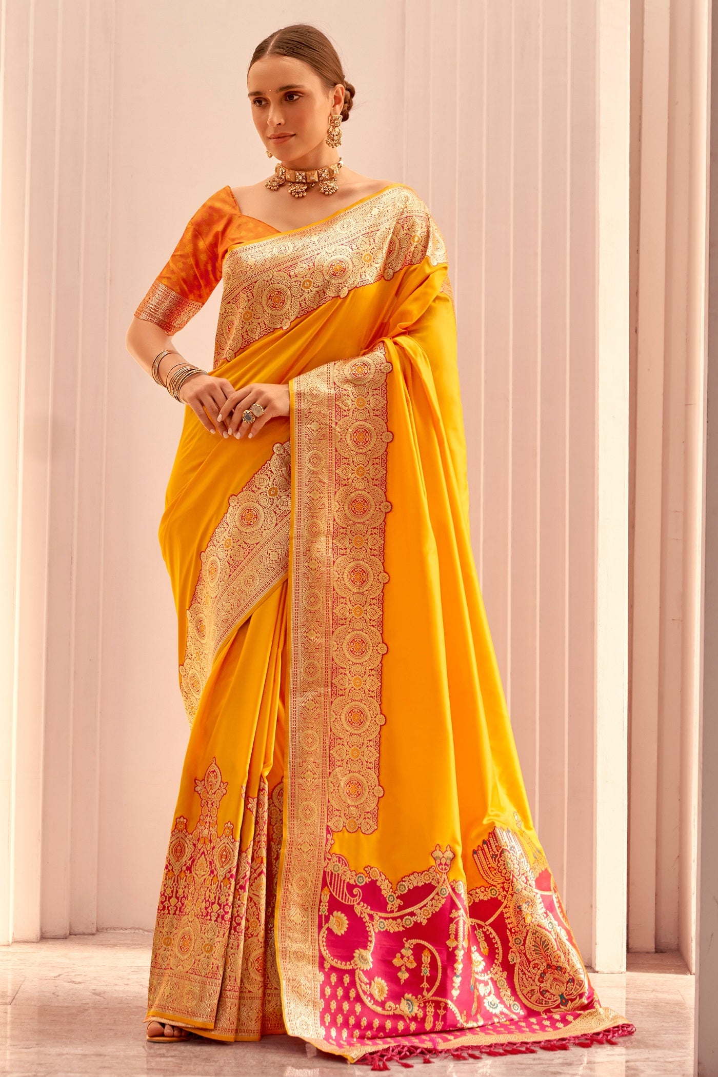 Buy MySilkLove Daisy Yellow Woven Banarasi Soft Silk Saree Online