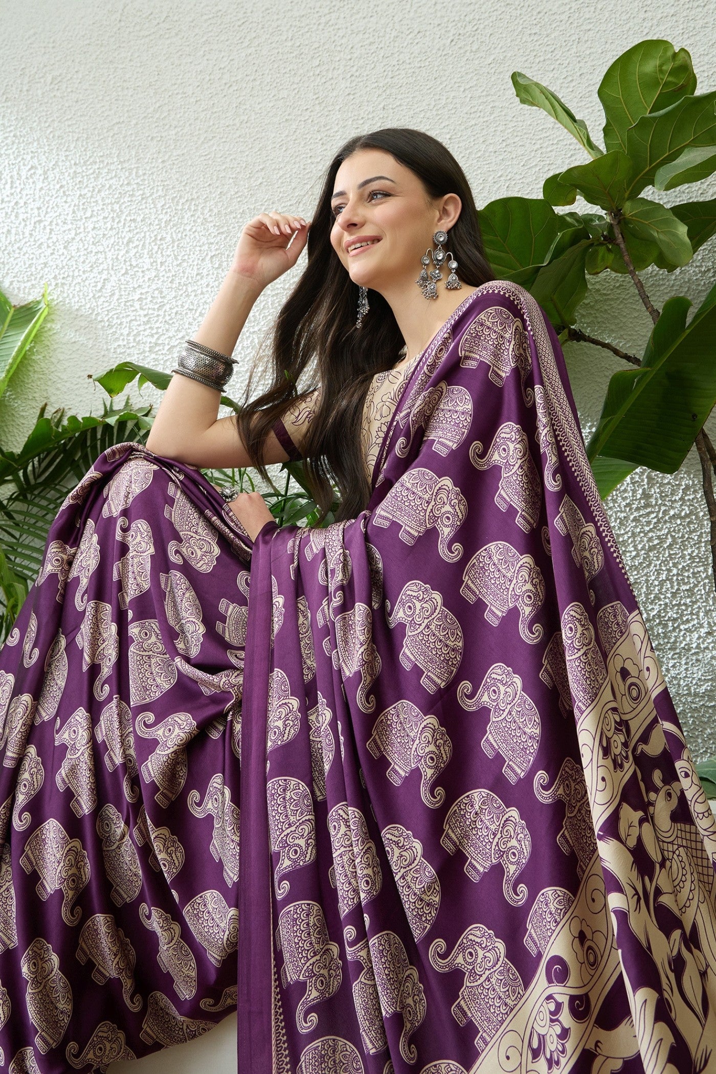 MySilkLove Thistle Purple Ajrakh Printed Satin Crepe Silk Saree