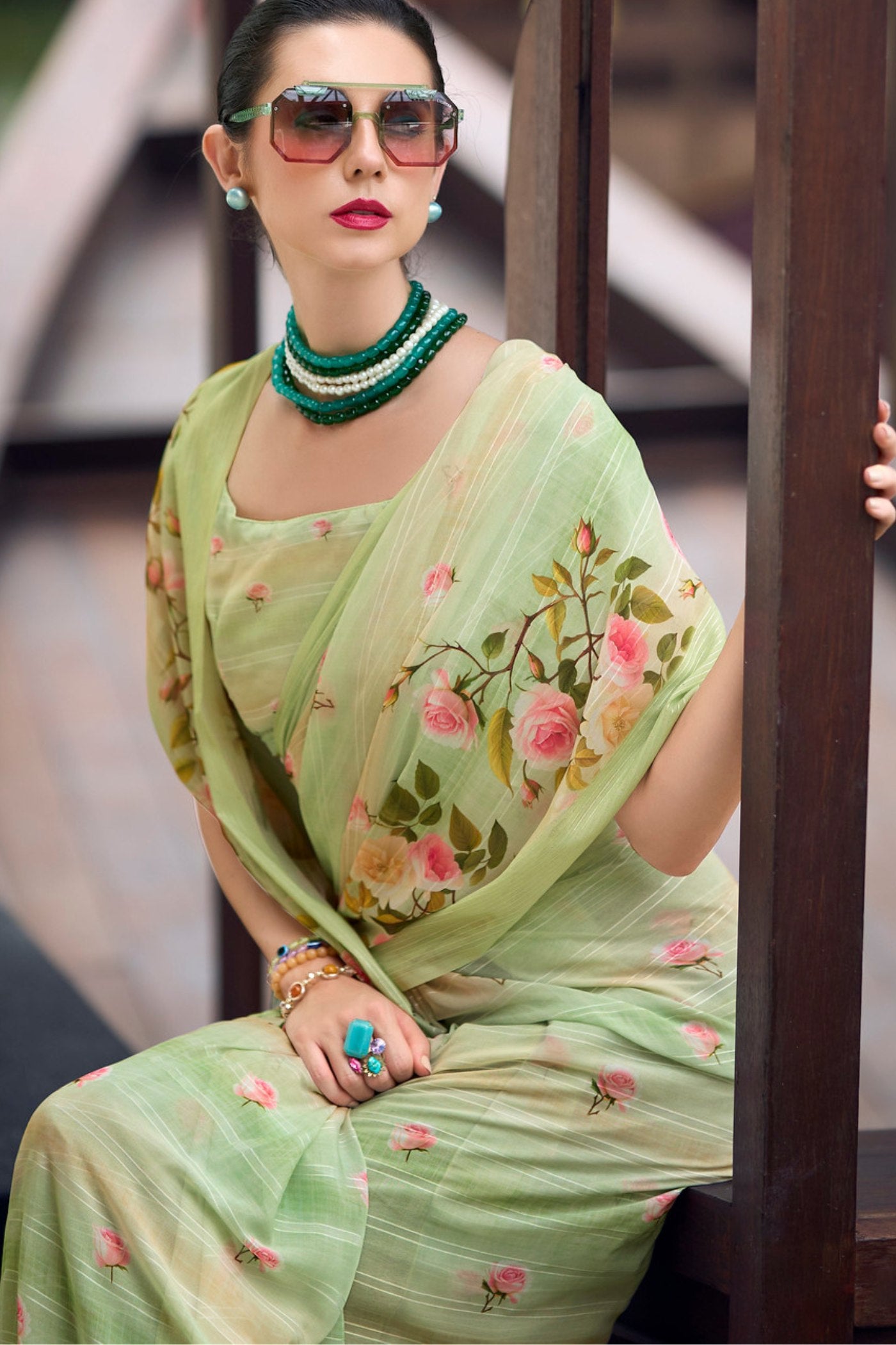 Buy MySilkLove Tana Green Chiffon Silk Saree Online