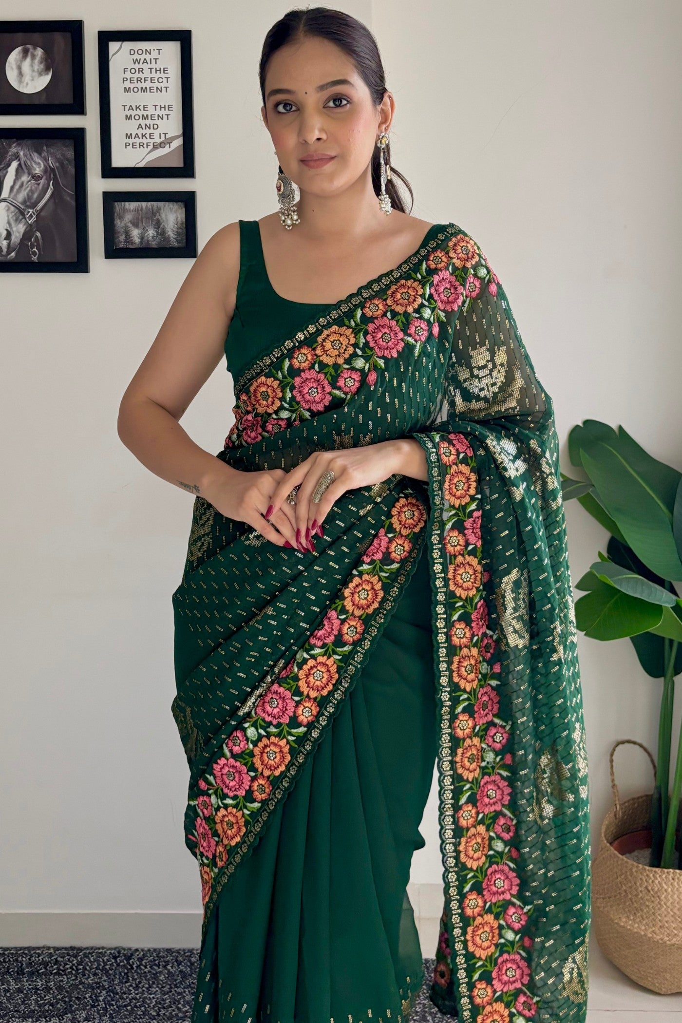 Buy MySilkLove Cadmium Green Embroidery Designer Georgette Saree Online