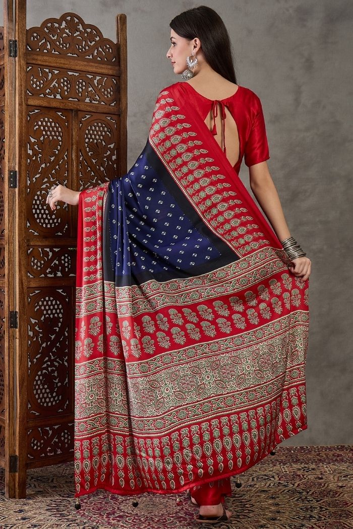 Buy MySilkLove Bismark Blue and Red Ajrakh Printed Satin Gaji Silk Saree Online