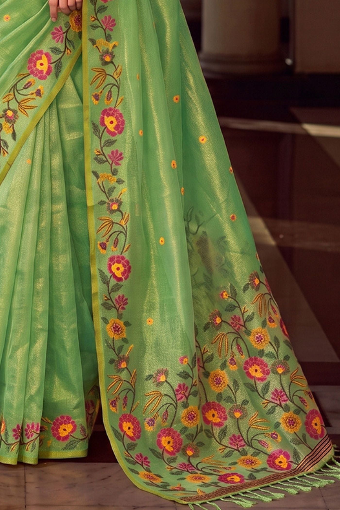 Buy MySilkLove Pista Green Woven Floral Tissue Saree Online