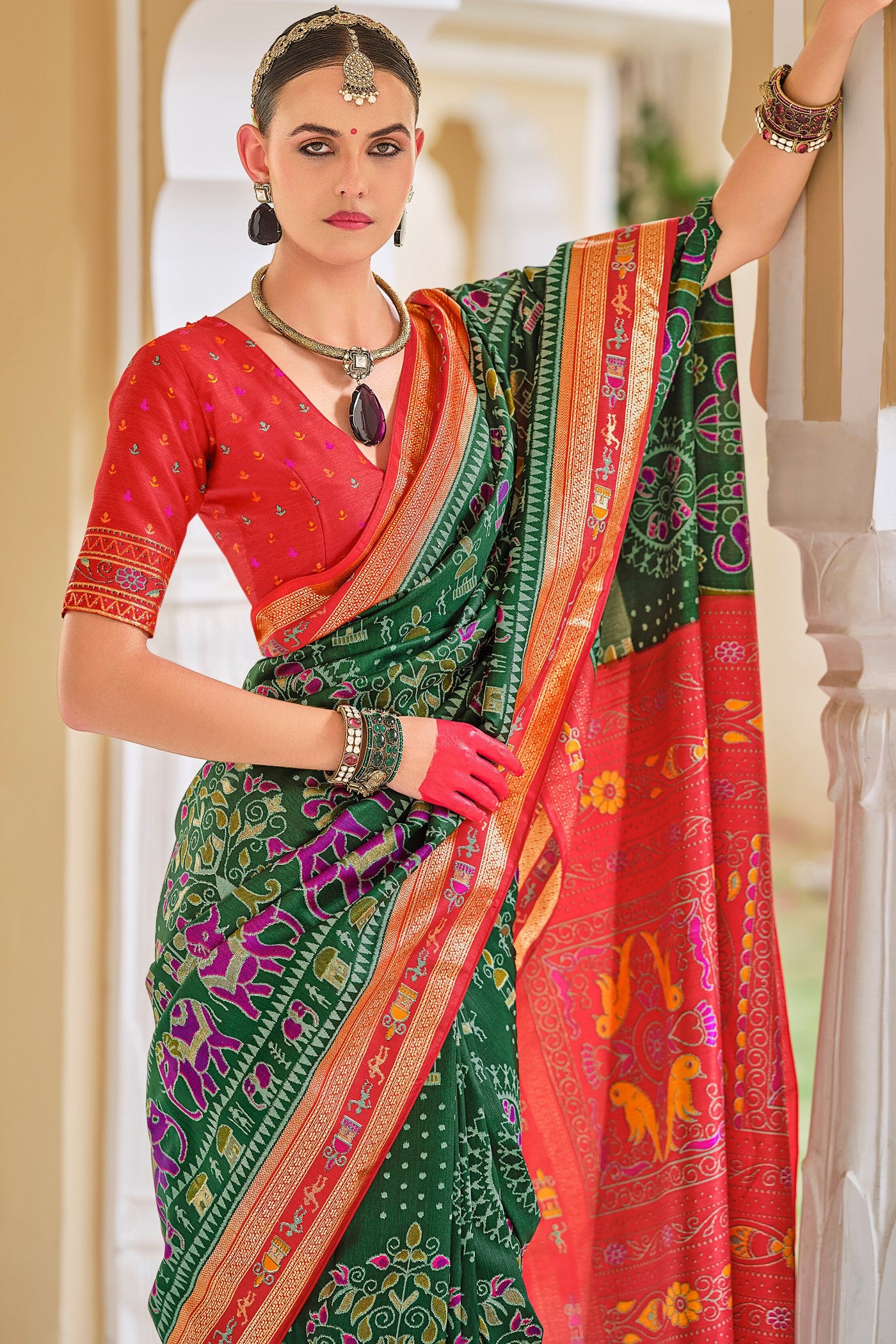 MySilkLove Tom Thumb Green and Red Printed Patola Saree