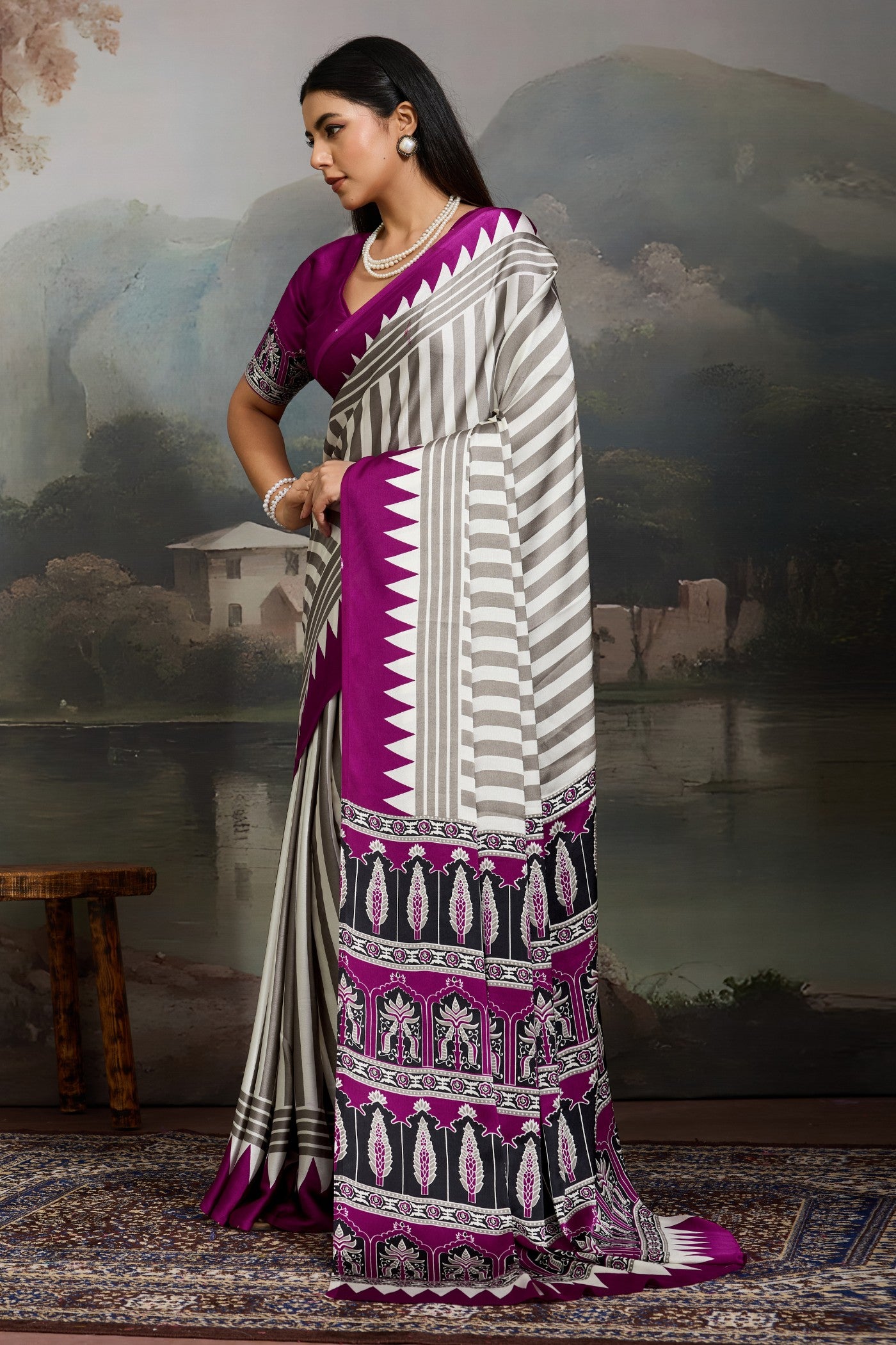 Buy MySilkLove Dutch White and Purple Ajrakh Printed Satin Crepe Silk Saree Online