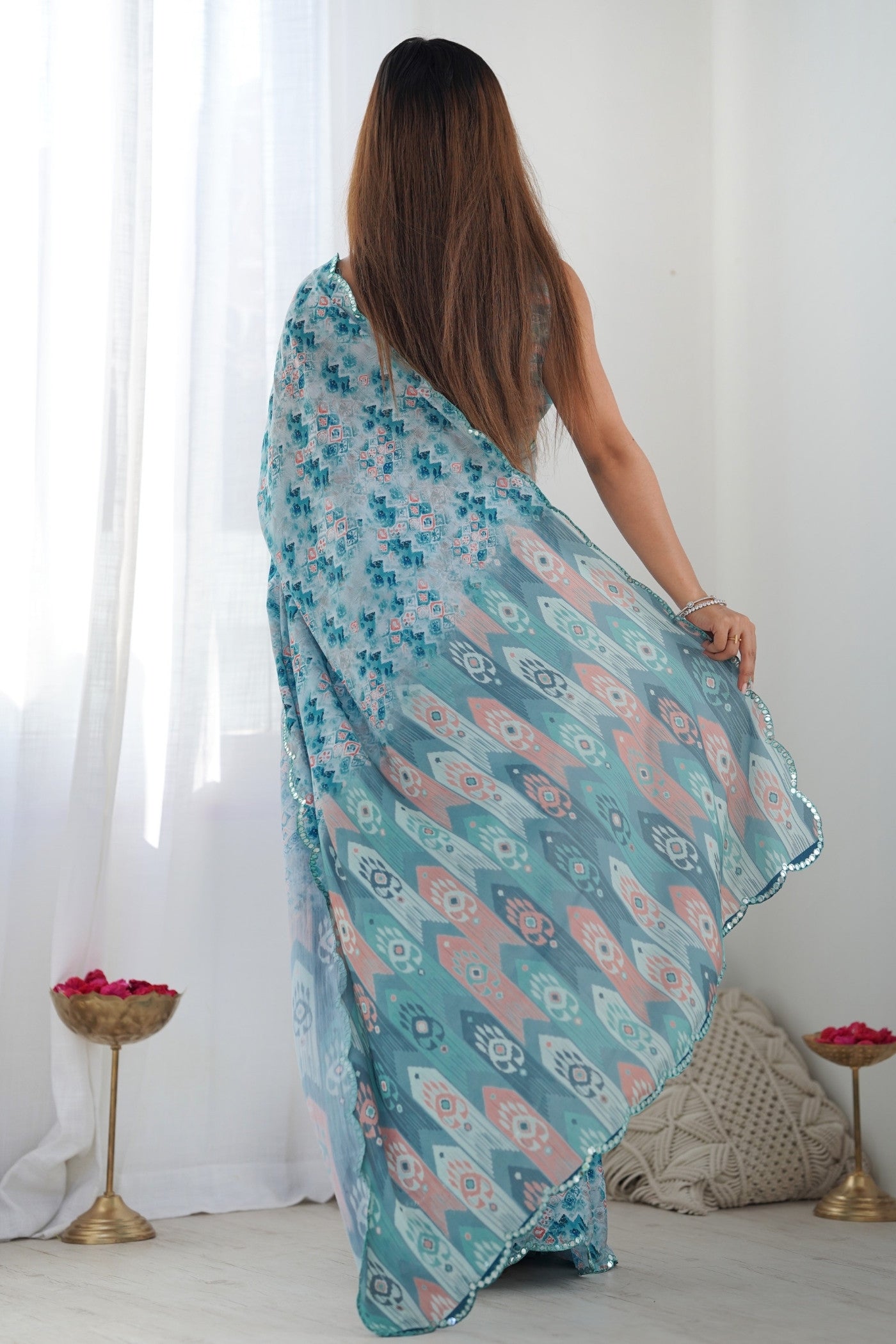 Buy MySilkLove River Blue Digital Printed Chinon Saree Online