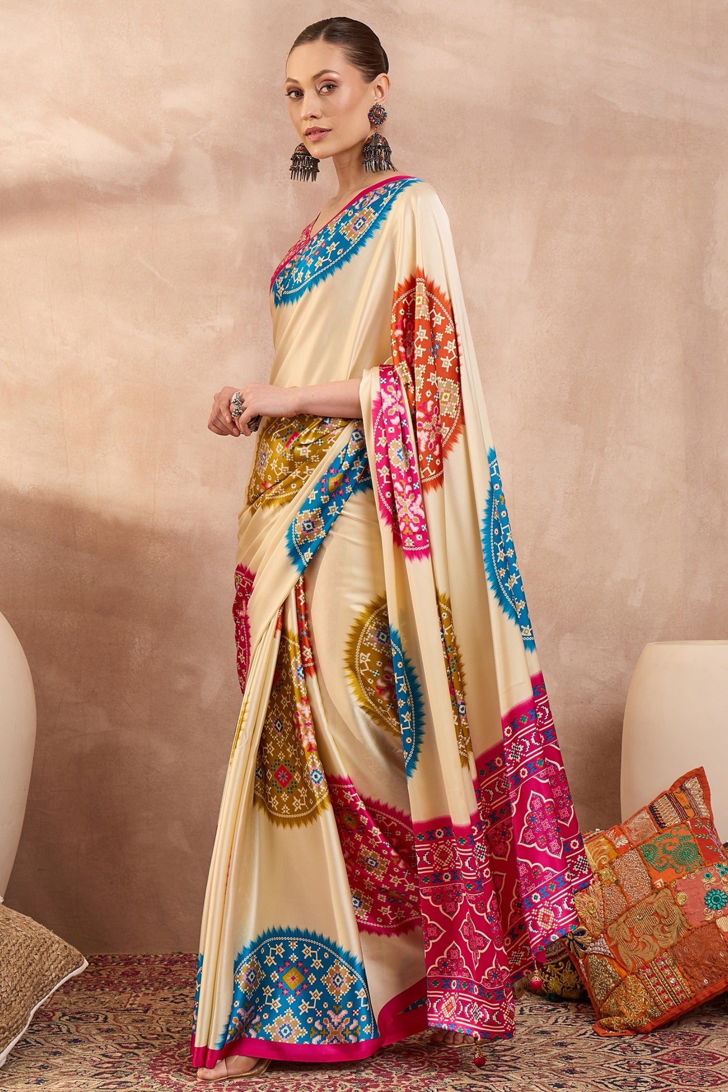 Buy MySilkLove Dutch Cream and Pink Modal Ajrakh Printed Silk Saree Online