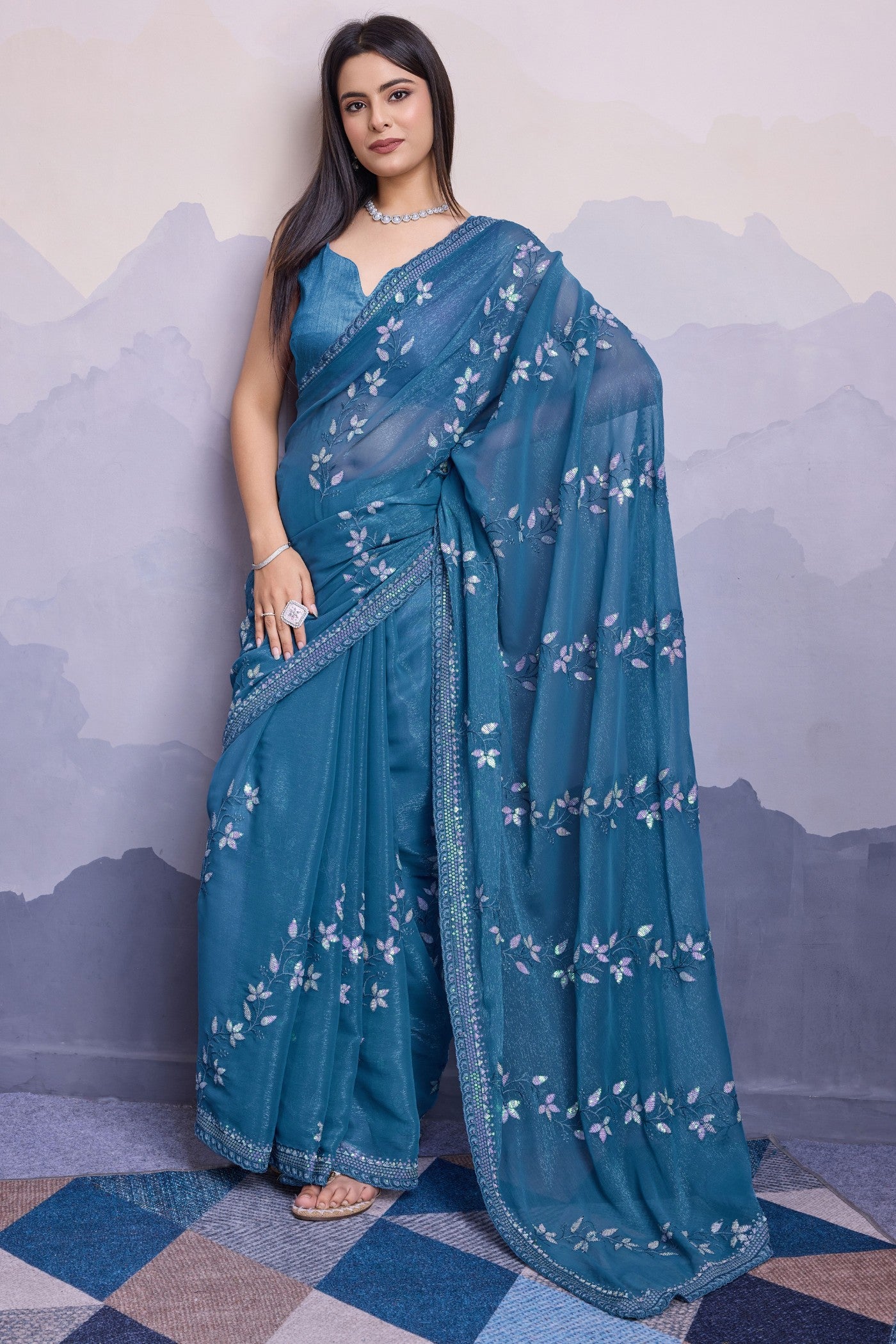 Buy MySilkLove Celadon Blue Embroidered Designer Chiffon Saree Online