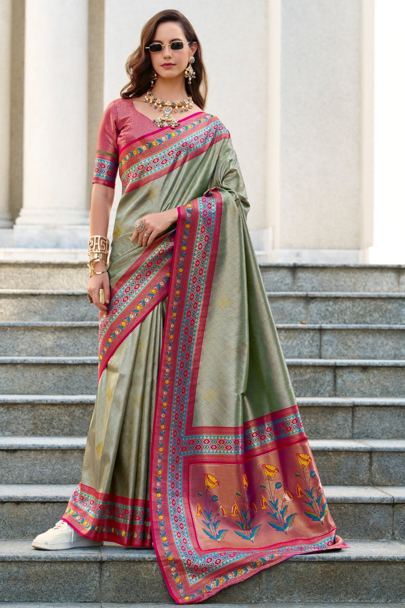 Buy MySilkLove Iguana Green Tissue Handloom Saree Online