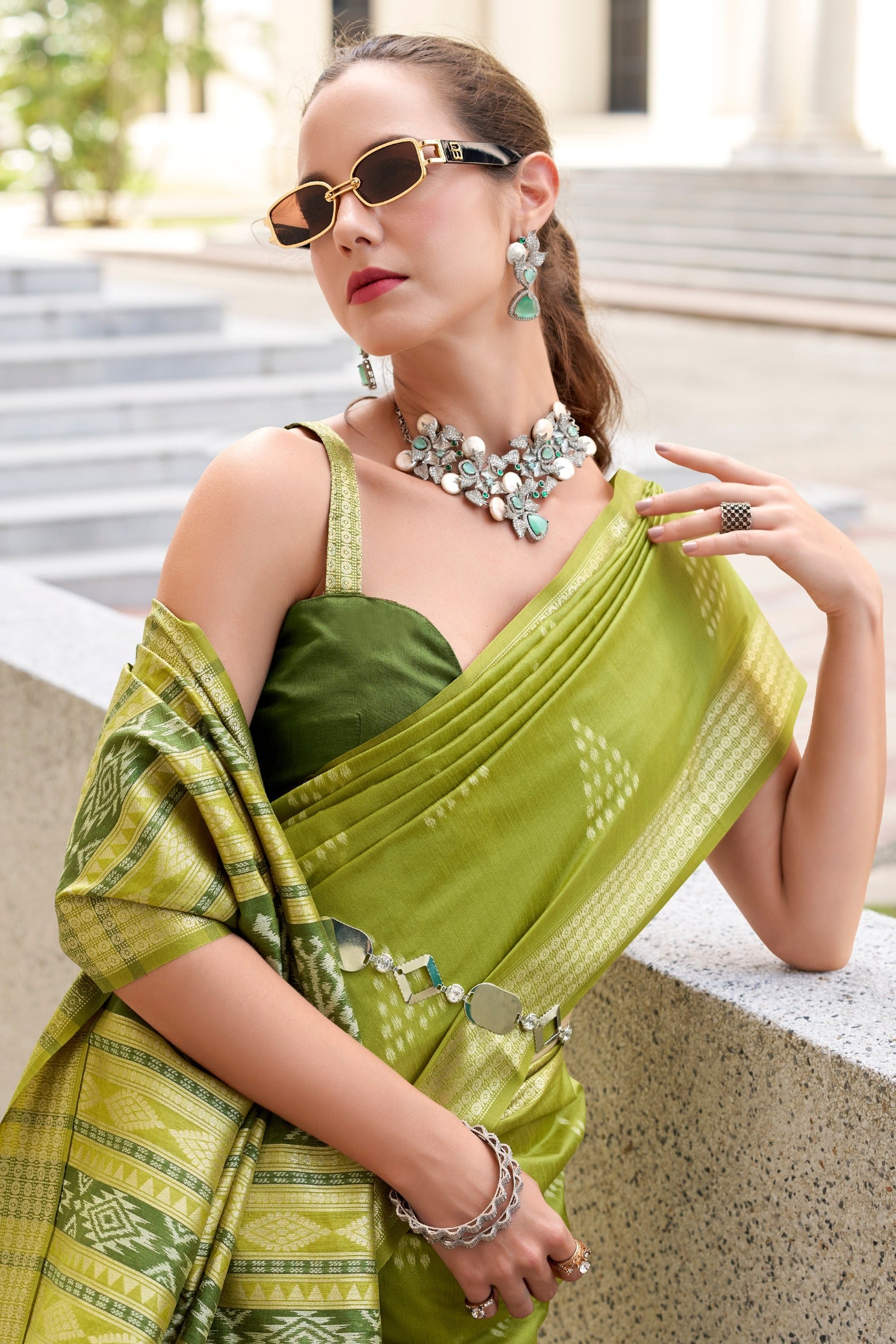 Buy MySilkLove Ceramic Green Ikkat Woven Banarasi Saree Online