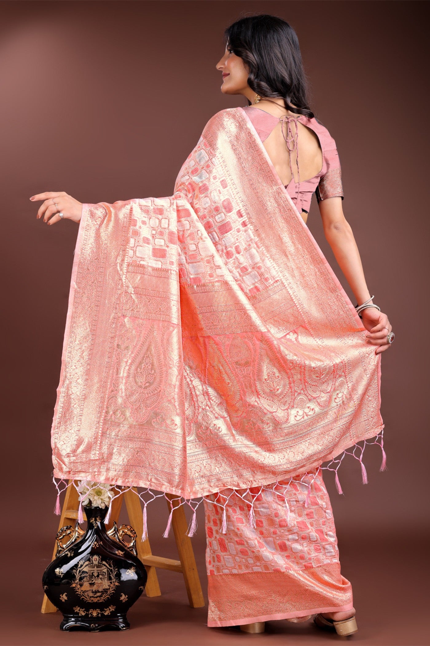 MySilkLove Georgia Peach Woven Linen Cotton Saree