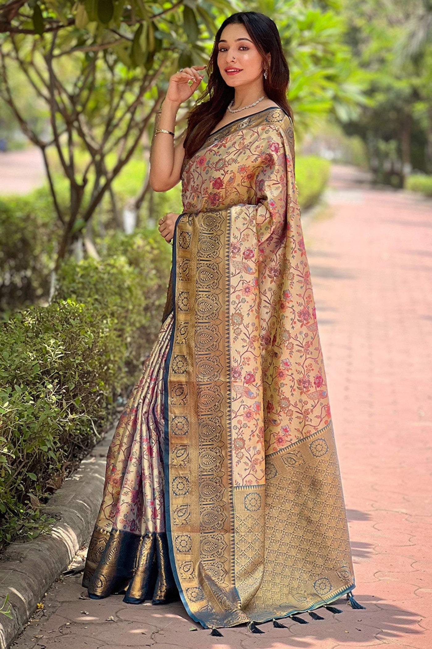 Buy MySilkLove Tumbleweed Cream and Green Woven Banarasi Saree Online