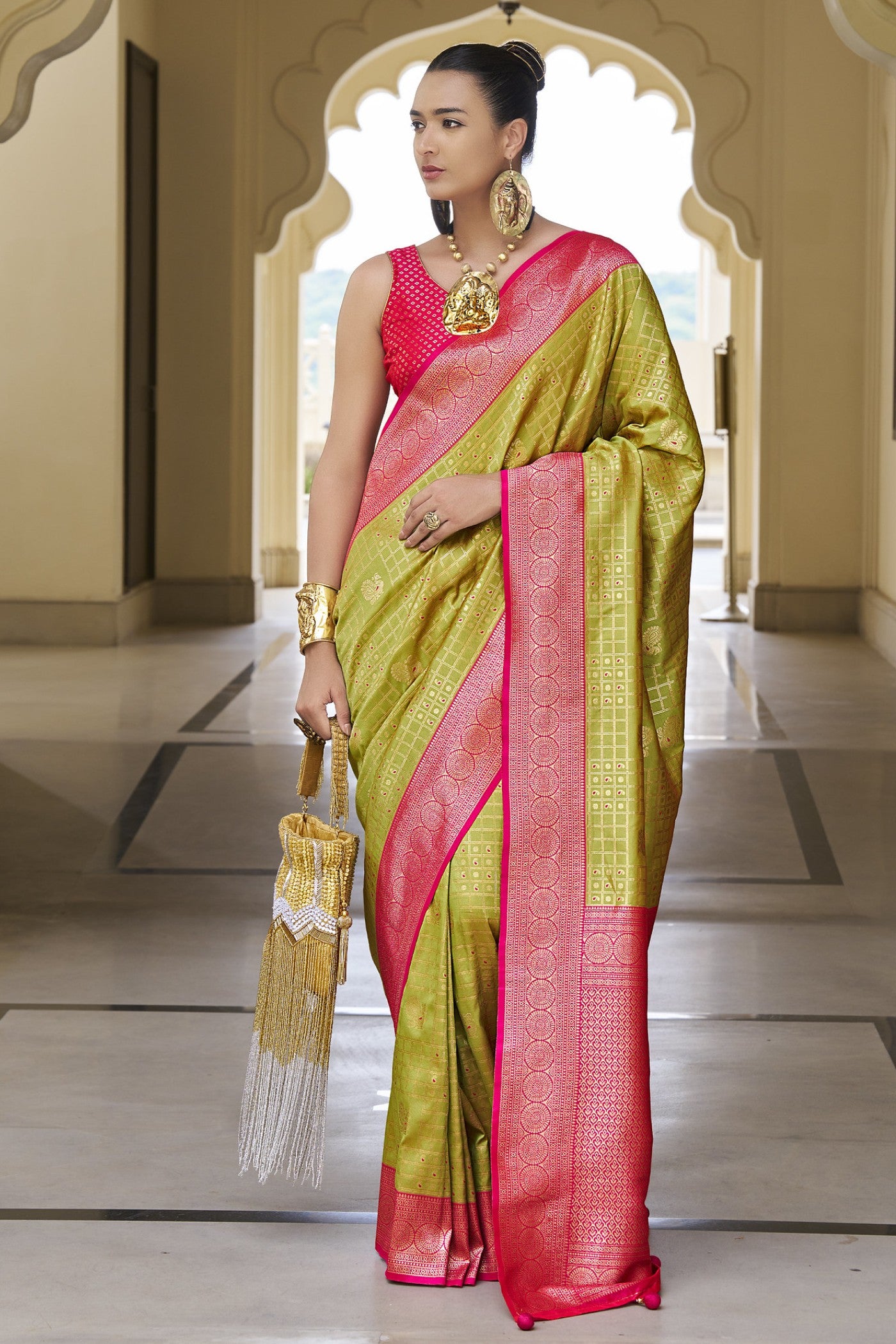 Buy MySilkLove Straw Green Woven Kanjivaram Saree Online