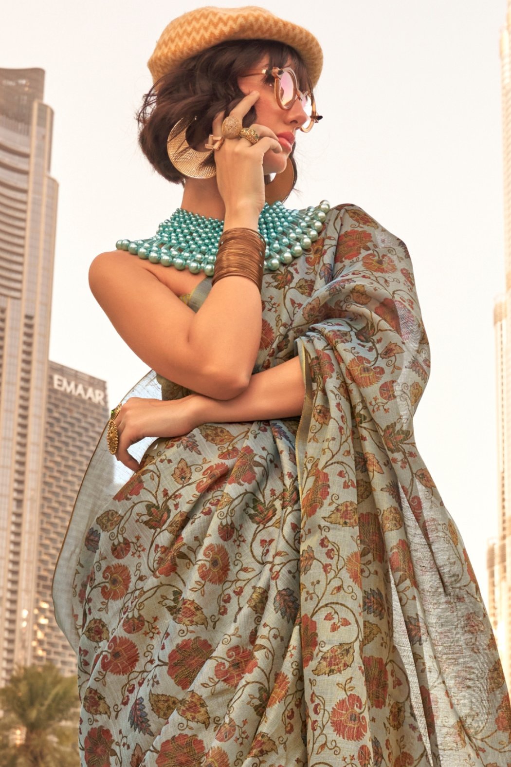 Buy MySilkLove Flint Grey Printed Tissue Saree Online