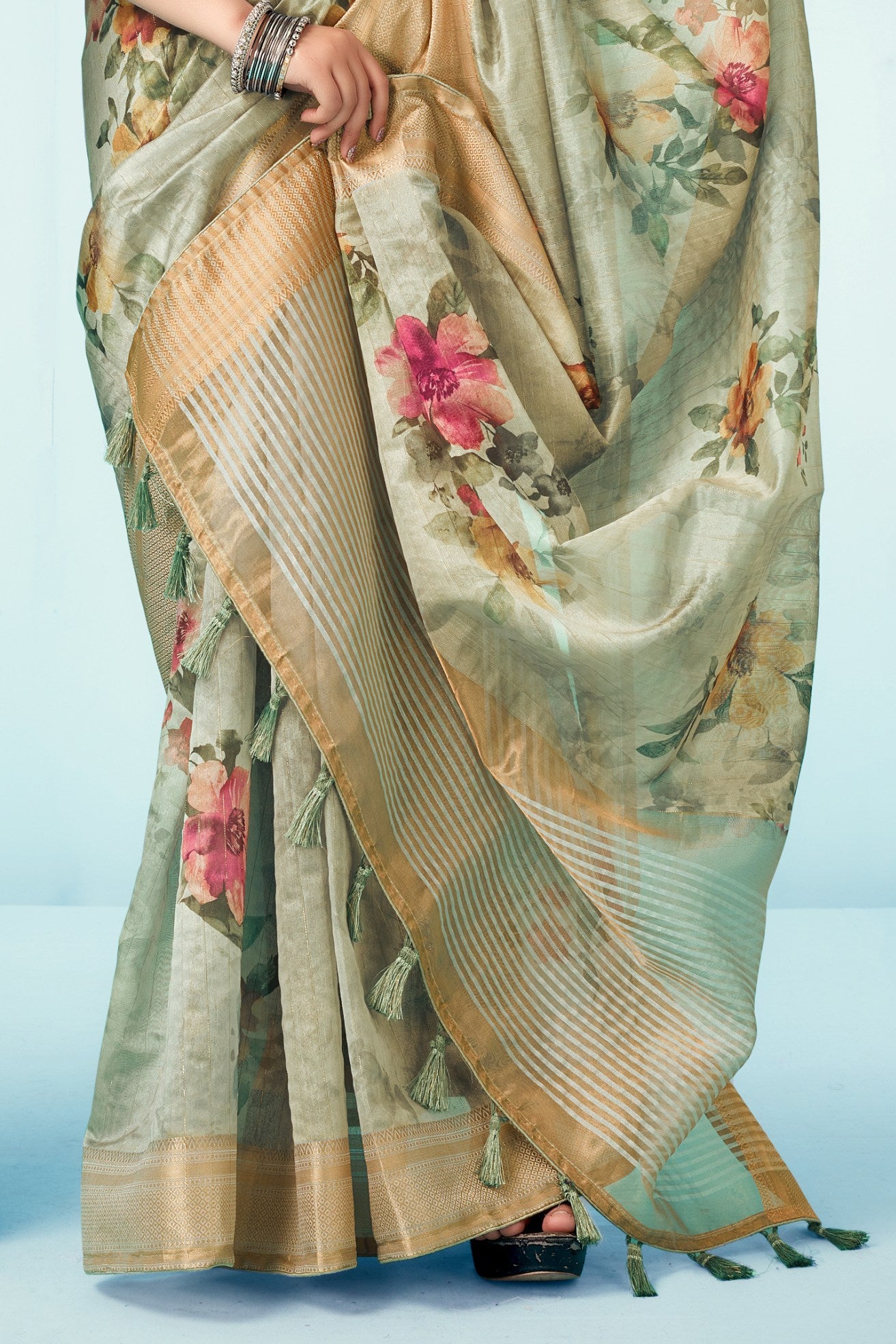 Buy MySilkLove Limed Ash Green Floral Linen Saree Online