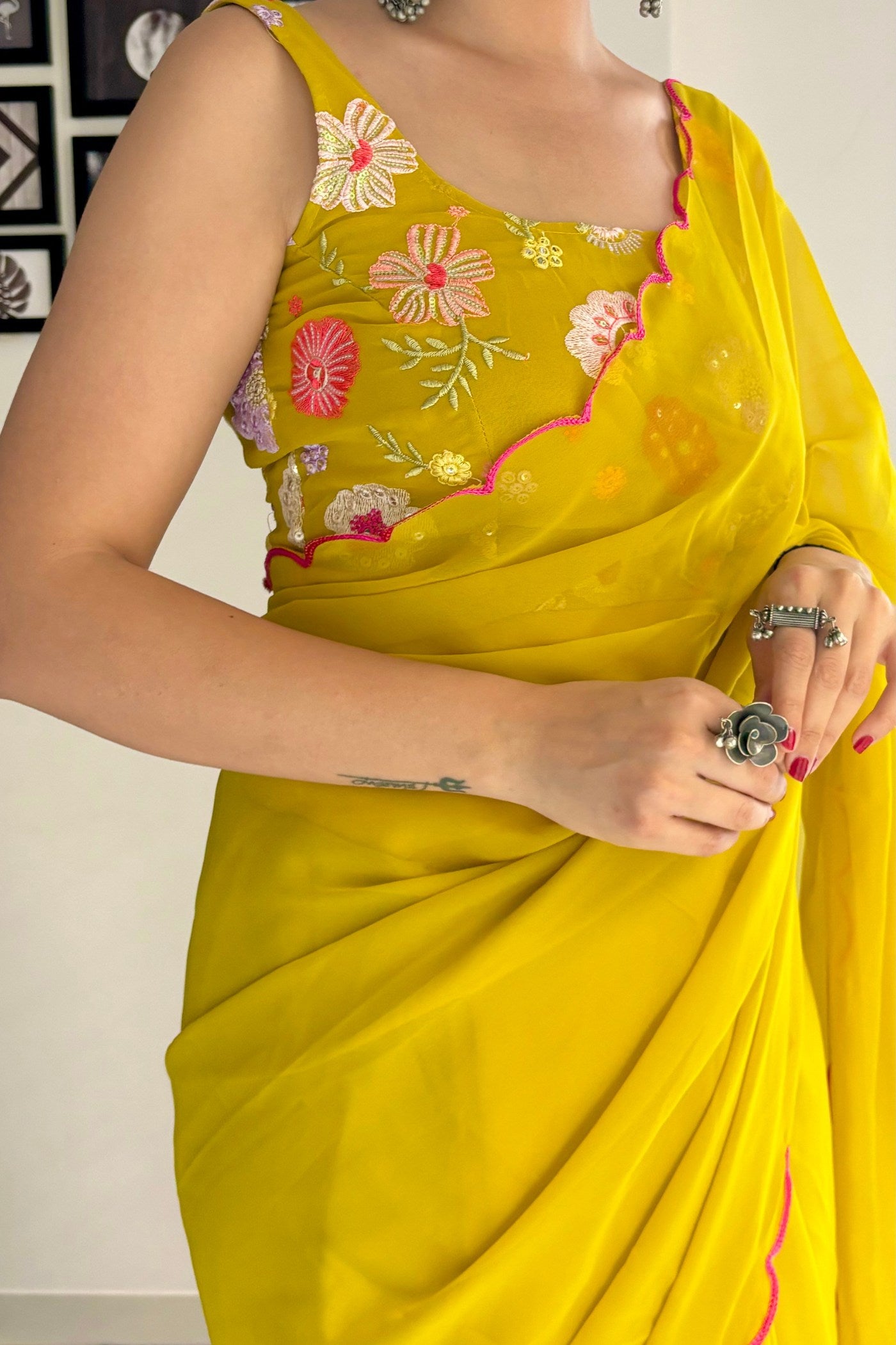 Buy MySilkLove Moccasin Yellow Gerogette Saree Online