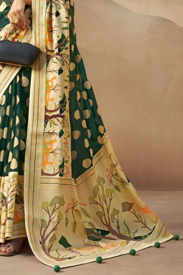 Buy MySilkLove Green Kelp Woven Georgette saree Online