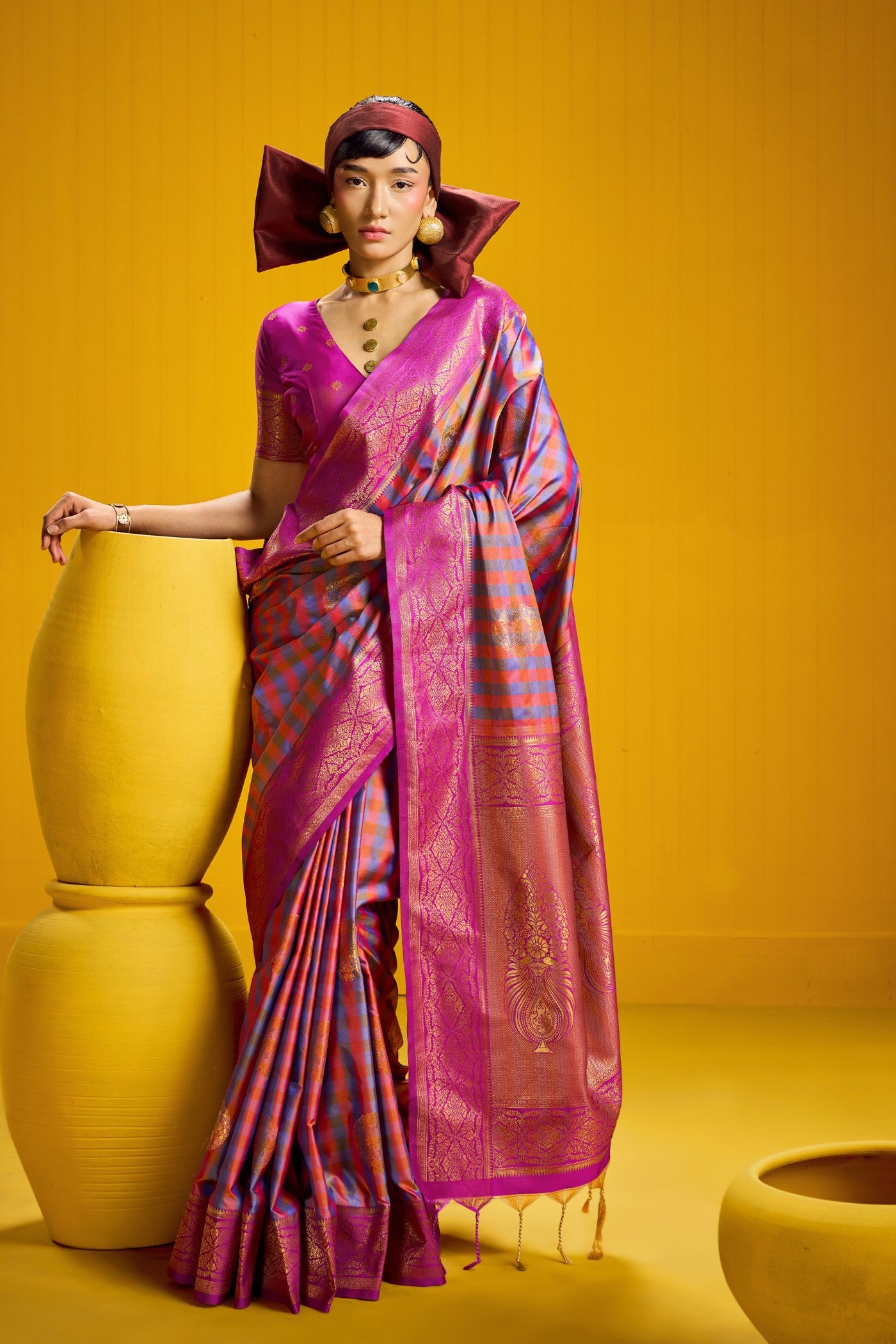 Buy MySilkLove Rebecca Purple Banarasi Two Tone Checks Handloom Saree Online