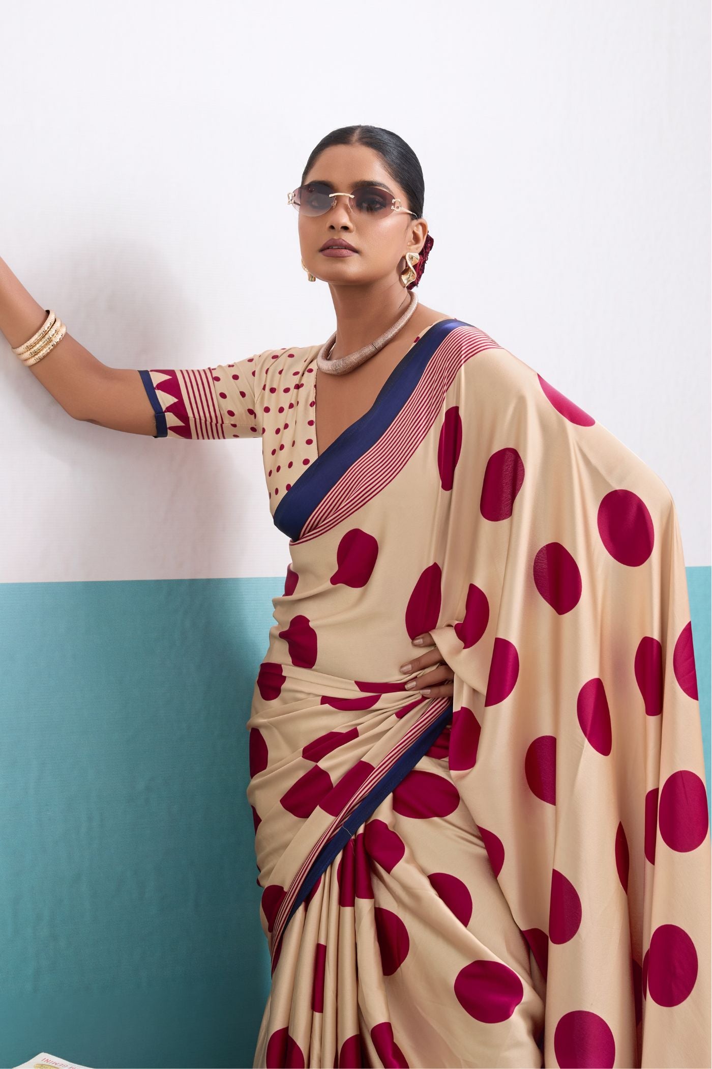 Buy MySilkLove Grace Cream and Pink Polka Dots Satin Crepe Saree Online