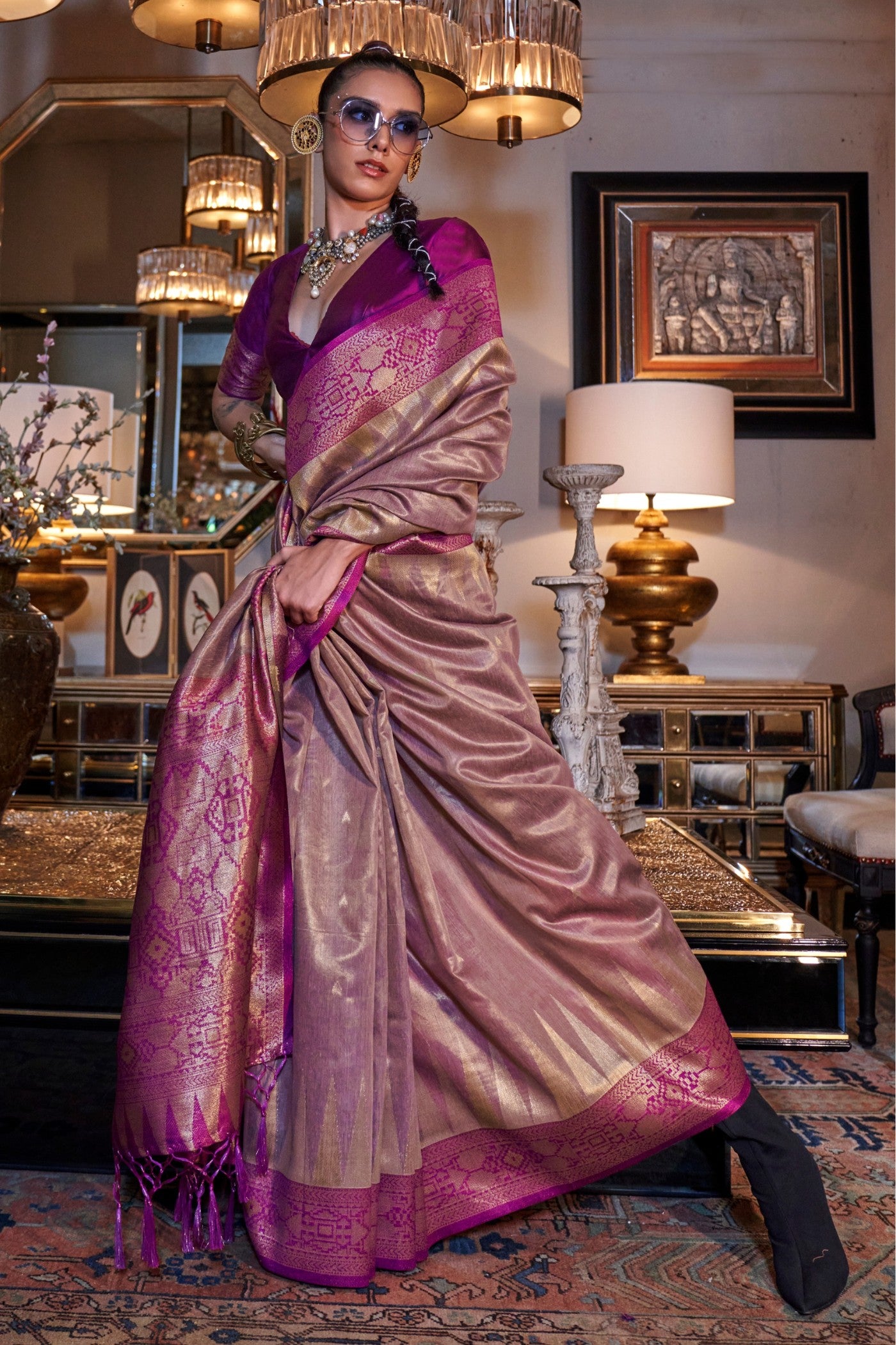 MySilkLove Rose Berry Purple Woven Tissue Silk Saree