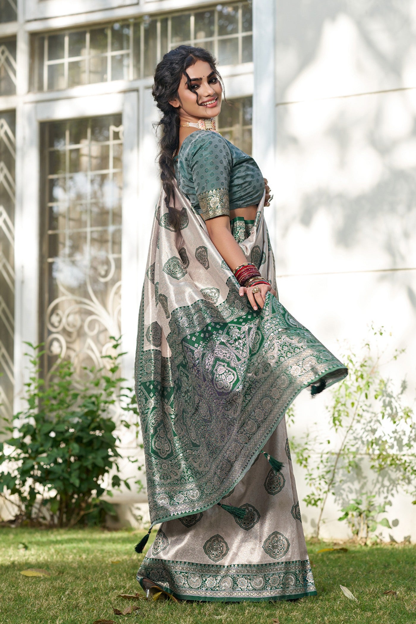 Buy MySilkLove Ivory Cream and Green Woven Banarasi Saree Online