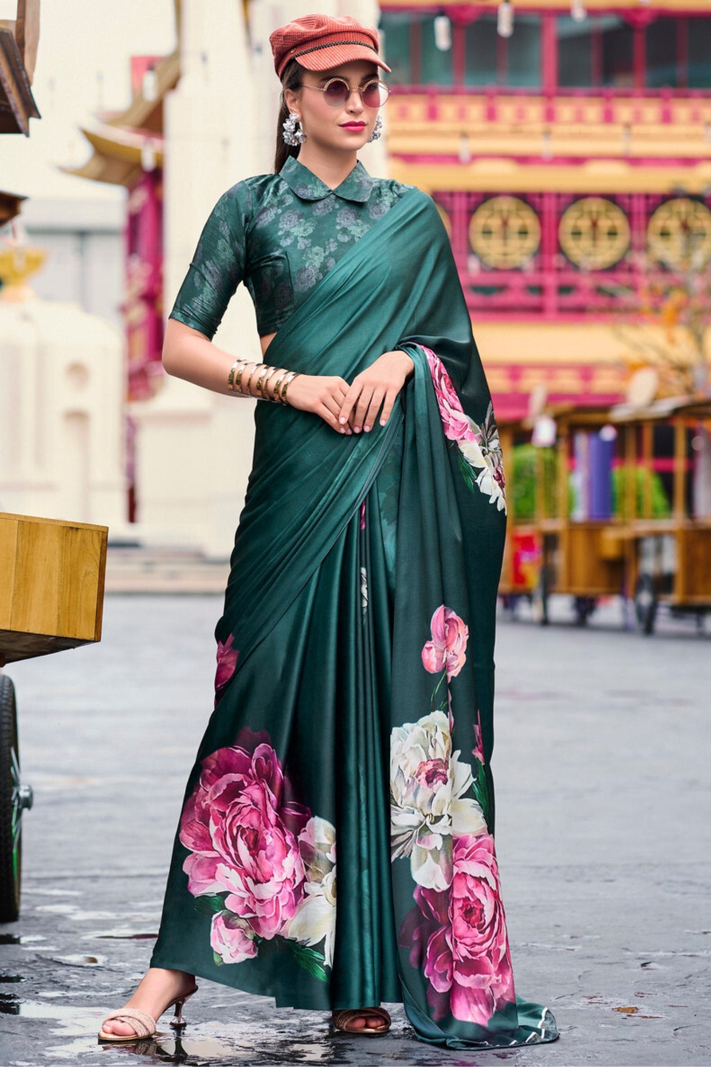 Buy MySilkLove Firefly Green Printed Satin Crepe Silk Saree Online