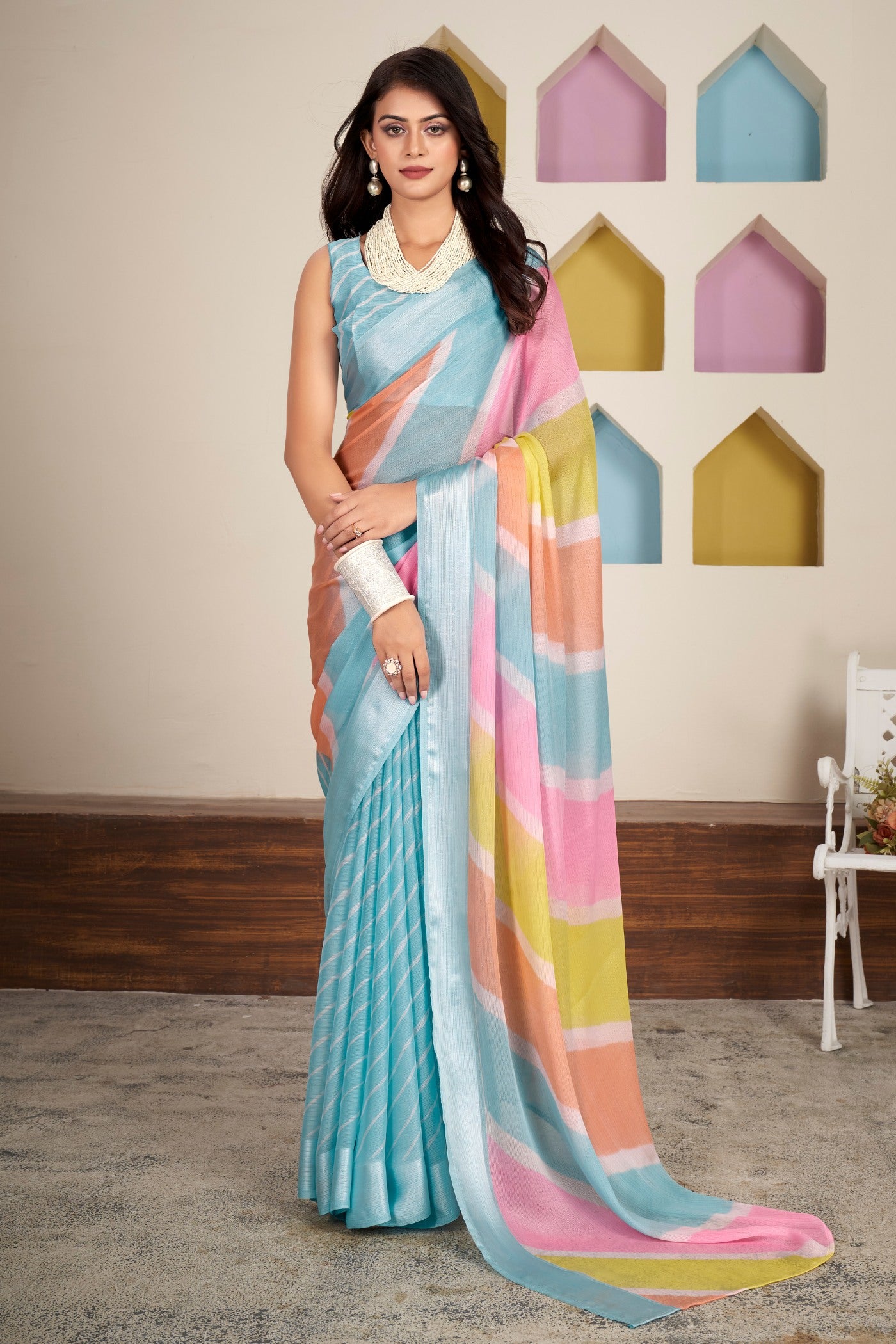 Buy MySilkLove Whale Blue Printed Satin Silk Saree Online