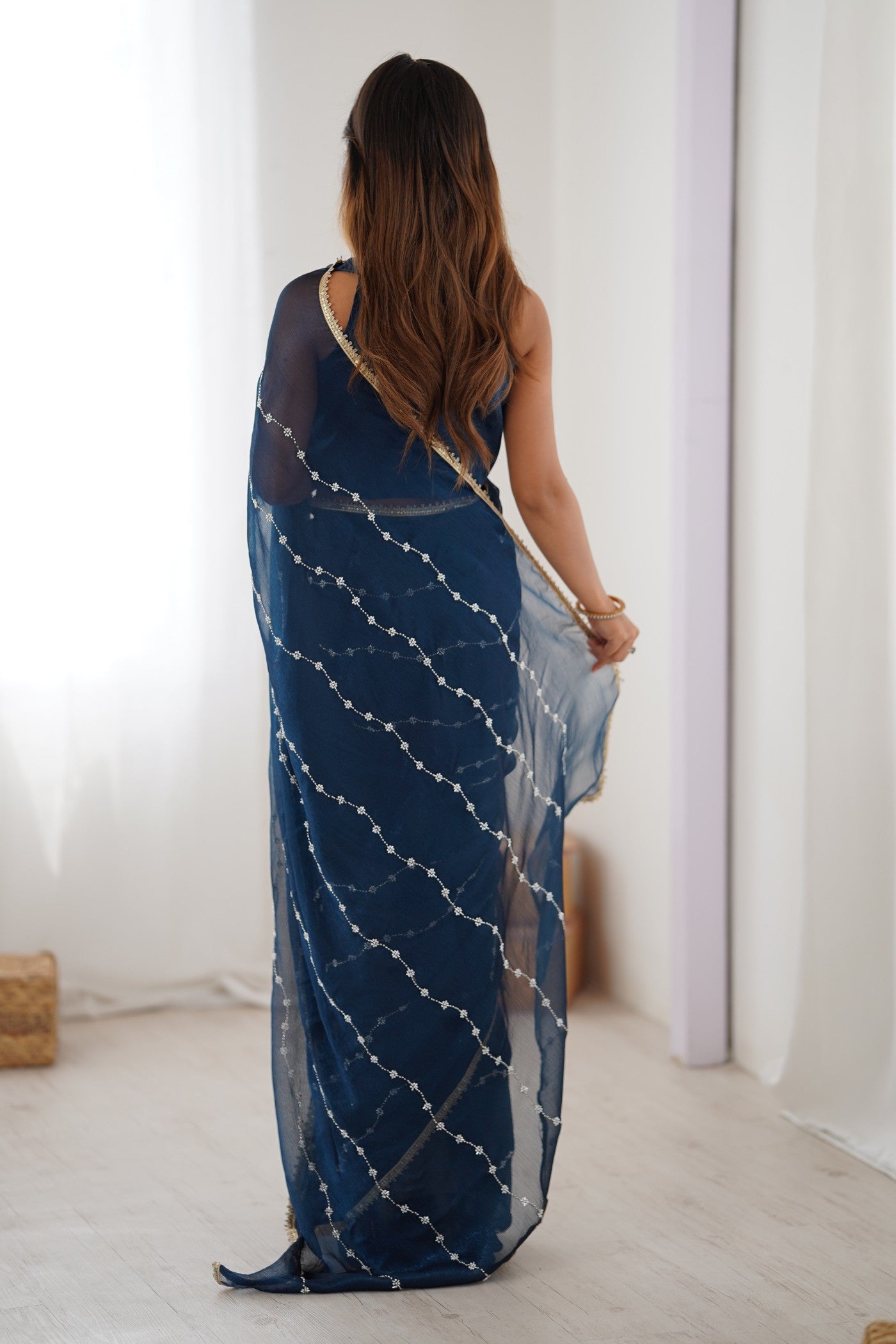 Buy MySilkLove Navy Blue Chiffon Partywear Saree Online