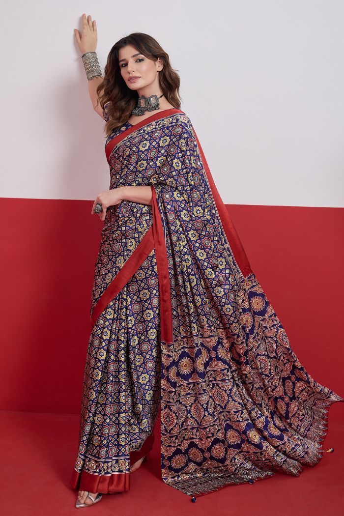 Buy MySilkLove Azure Blue Modal Ajrakh Satin Printed Mirror Work Saree Online
