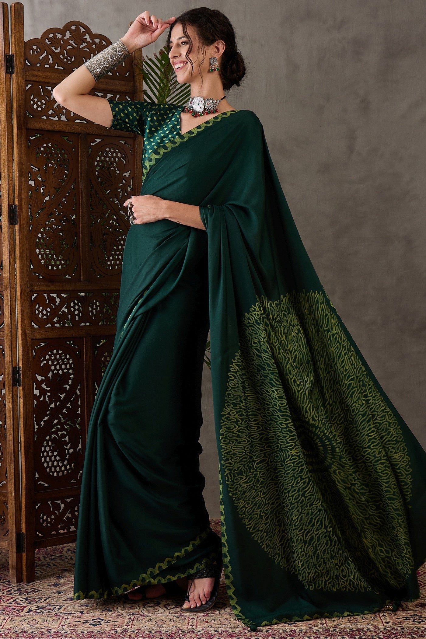 Buy MySilkLove Dark Leaf Green Printed Satin Gaji Silk Saree Online