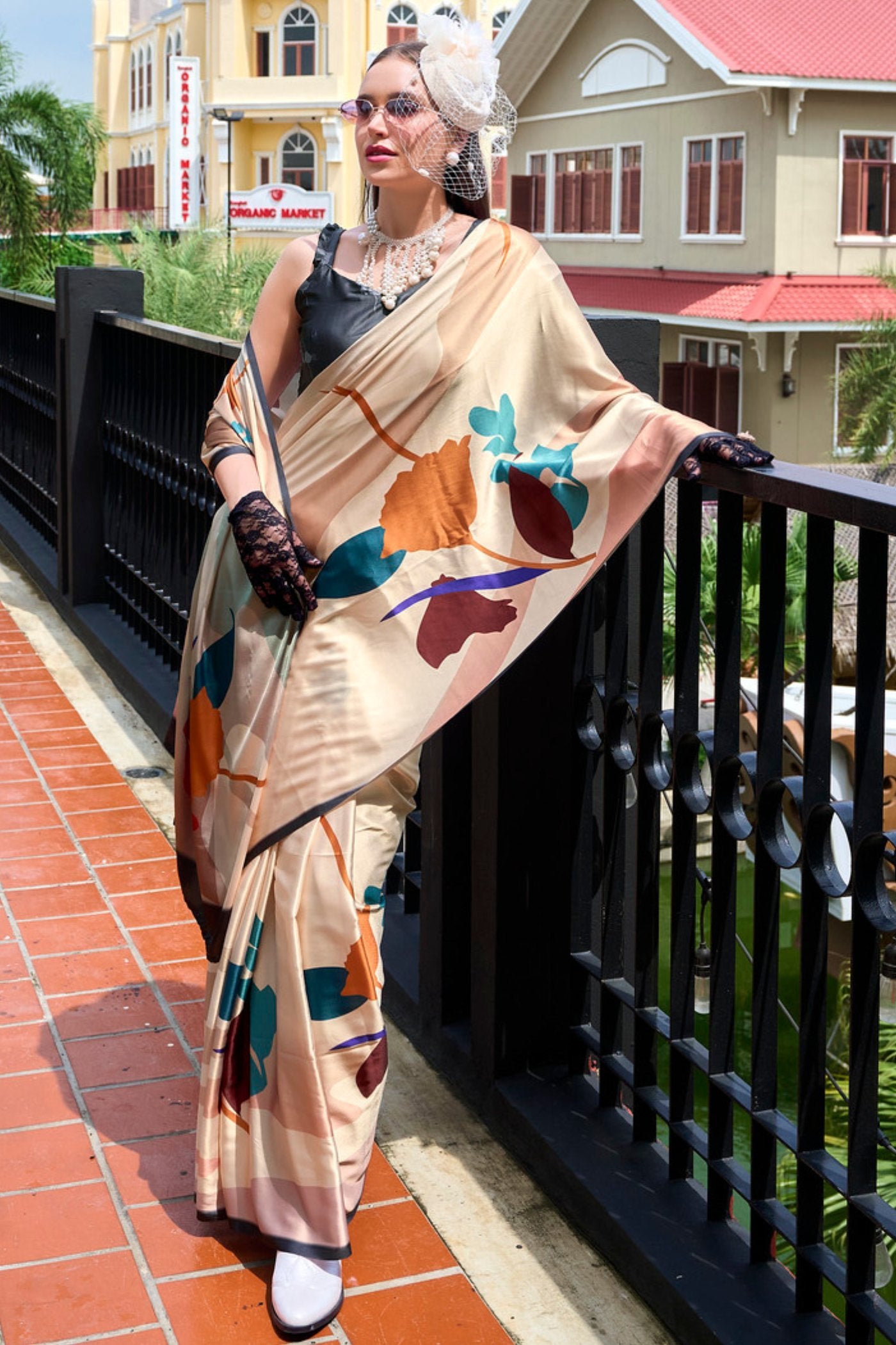 MySilkLove Sidecar Cream Printed Satin Crepe Silk Saree