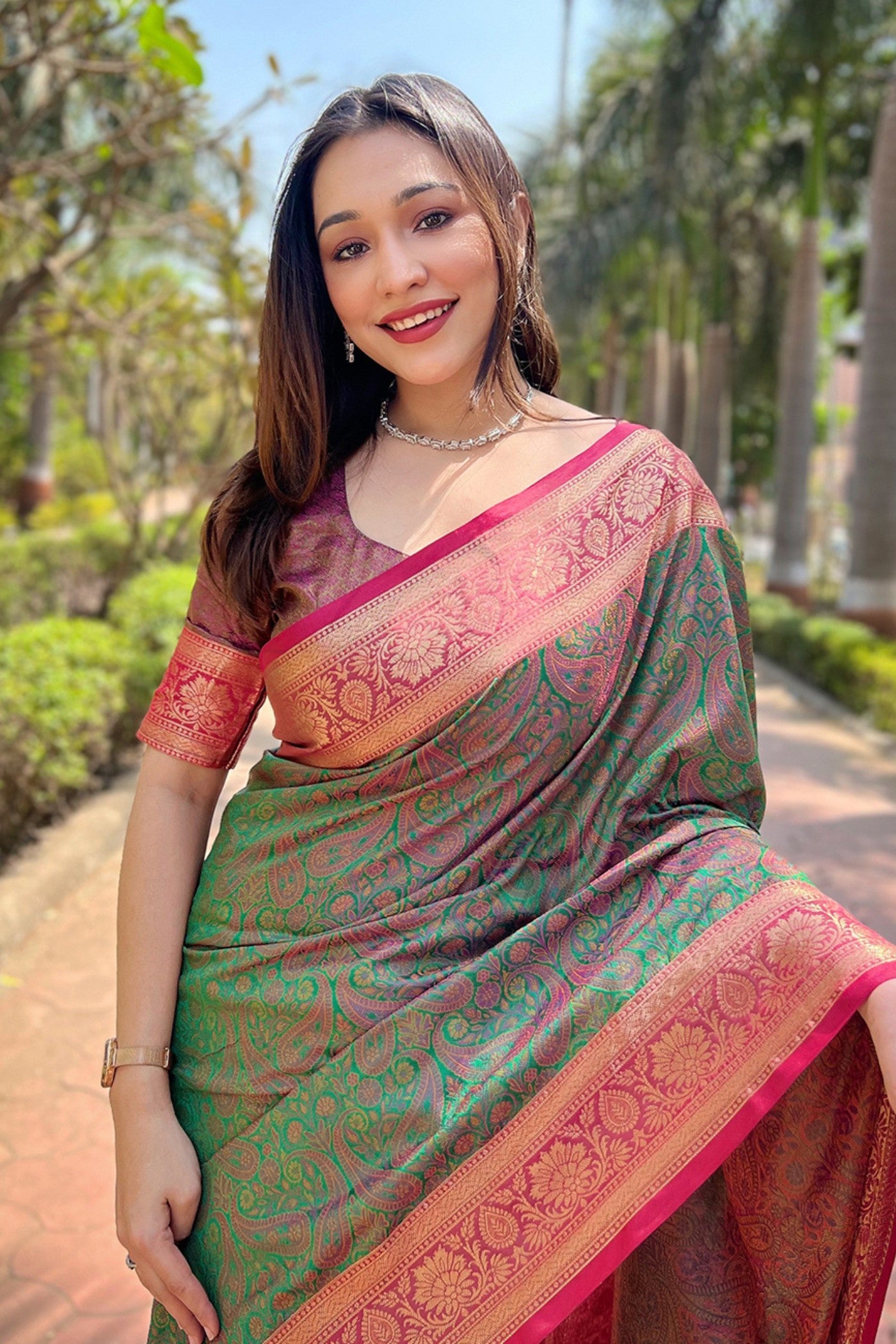 Buy MySilkLove Hemlock Green Woven Banarasi Saree Online