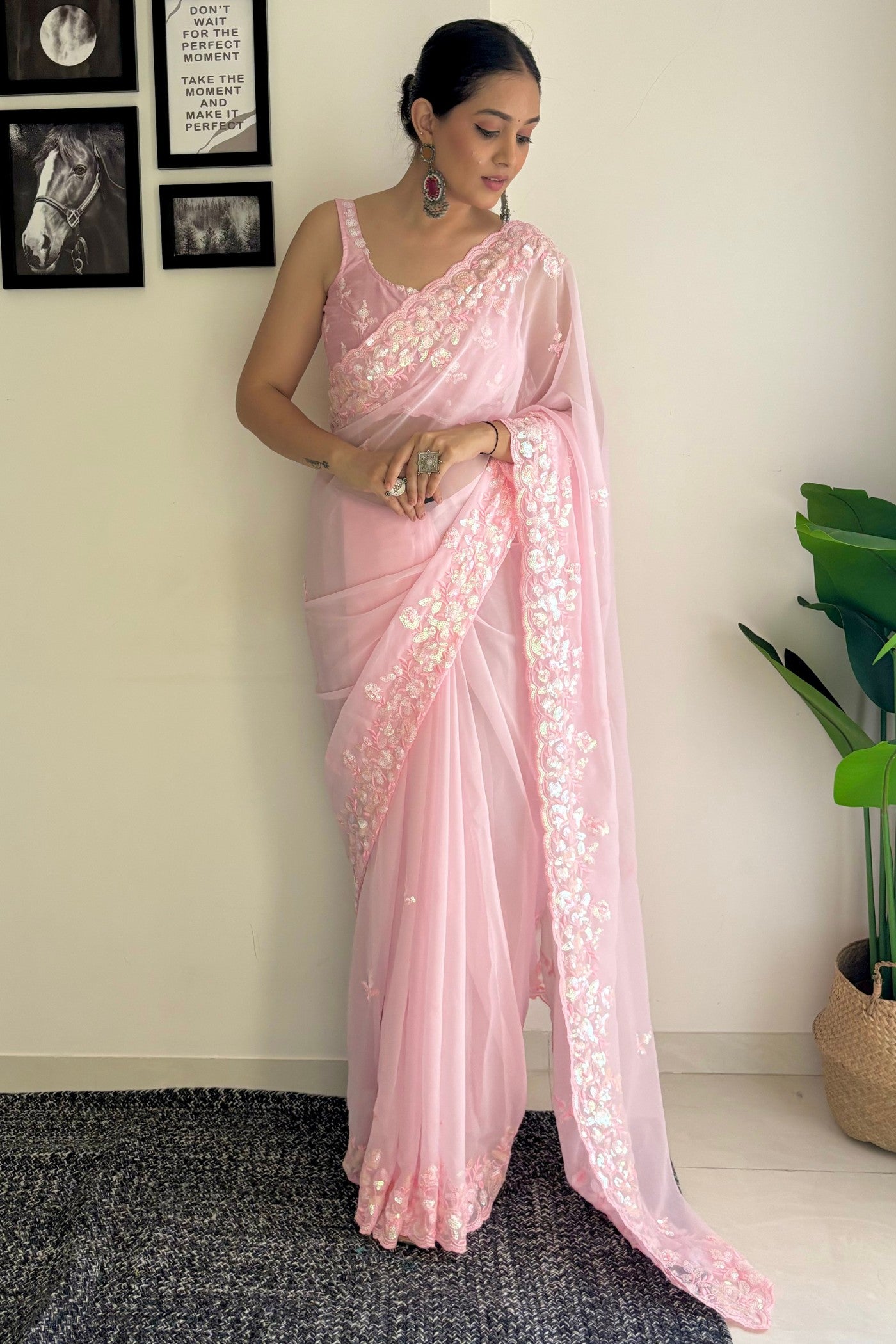 MySilkLove Rose Fog Pink Embroidery Georgette saree