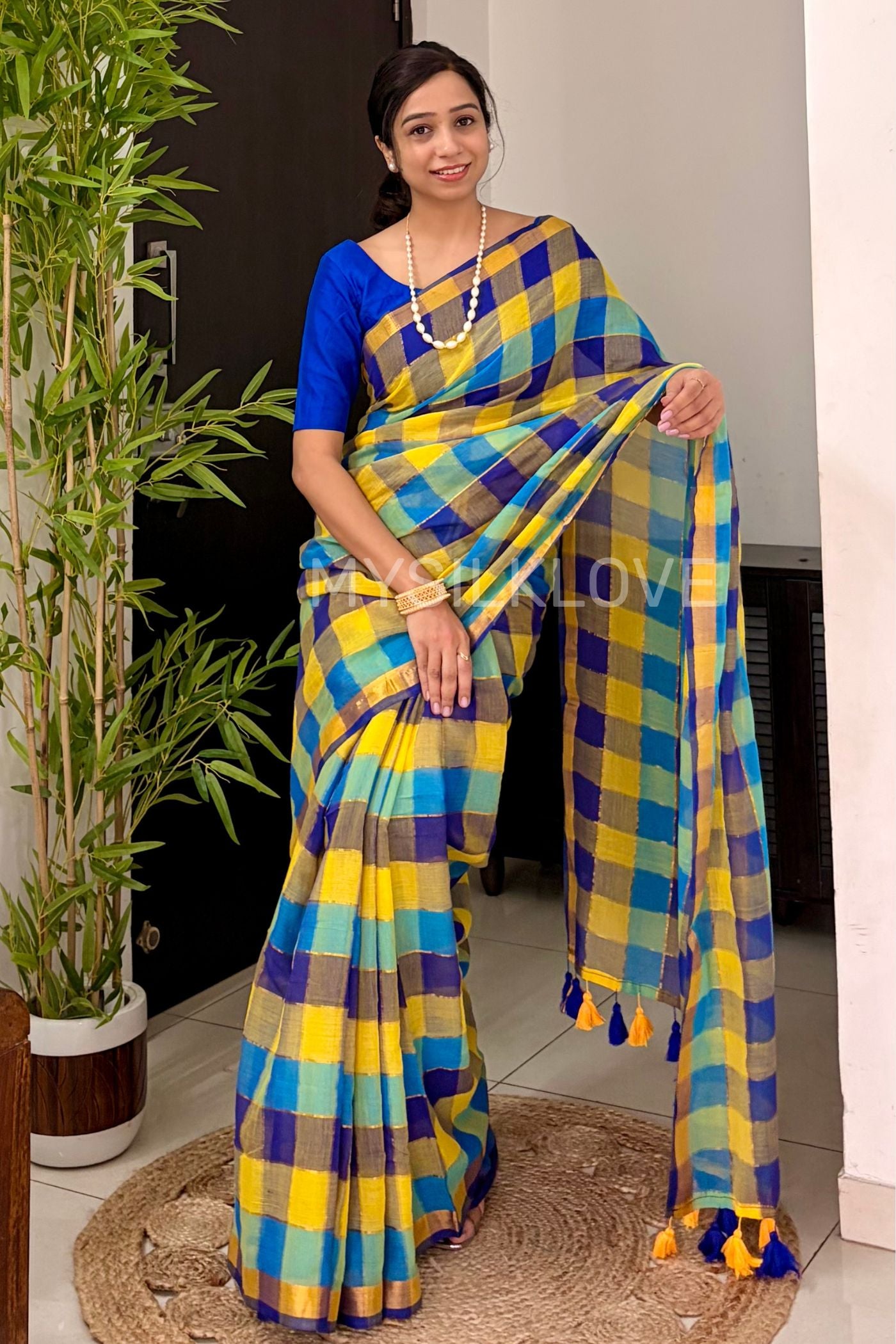 Buy MySilkLove Multicolor Yellow Pure Mul Mul Cotton Checks Pattern Zari woven saree Online