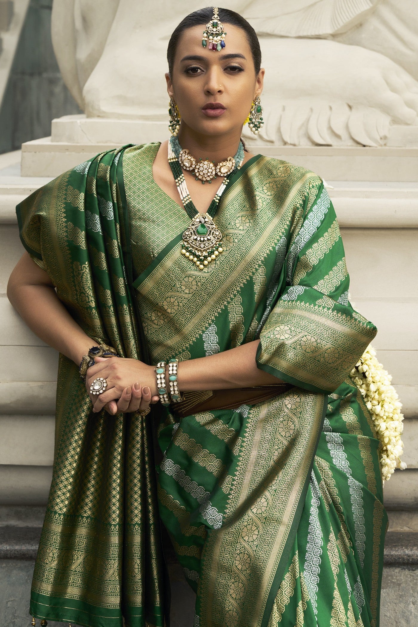 Buy MySilkLove Gray Asparagus Green Woven Banarasi Saree Online