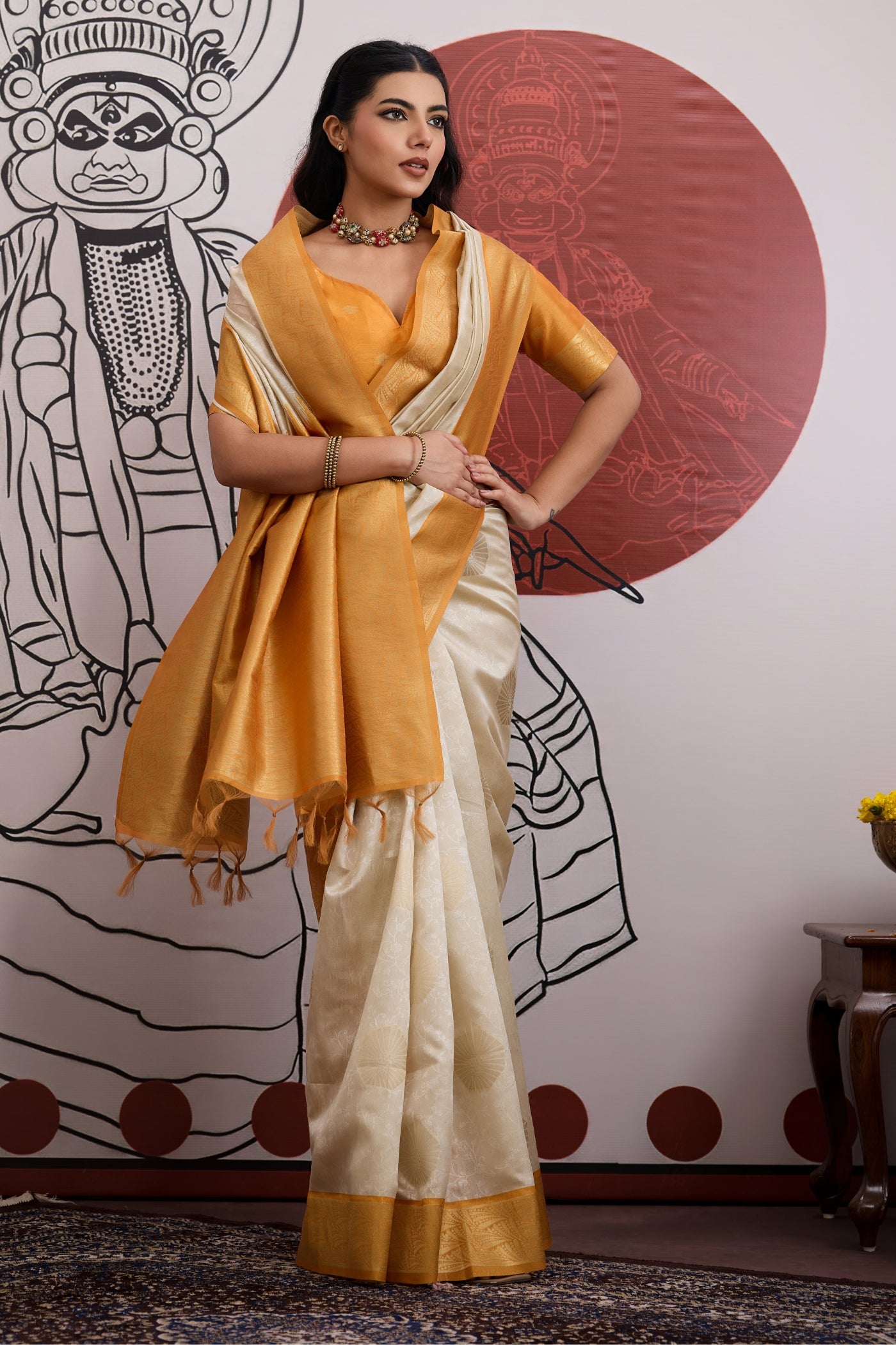 Buy MySilkLove Fawn Cream and Yellow Handloom South Silk Saree Online