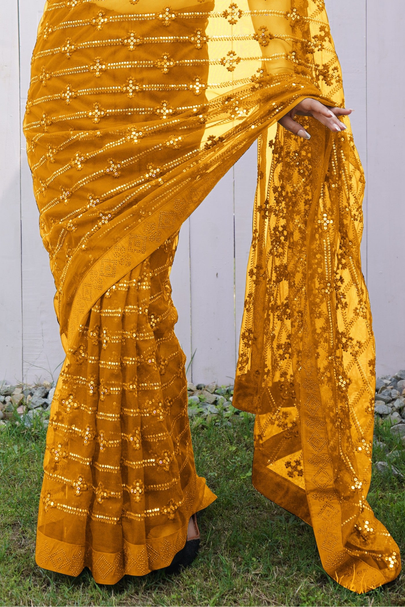 Buy MySilkLove Amber Yellow Embroidered Partywear Saree Online