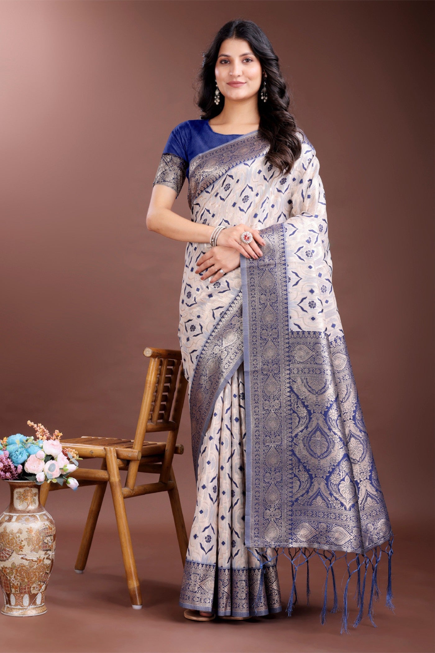 Buy MySilkLove Navy Blue and White Linen Cotton Saree Online