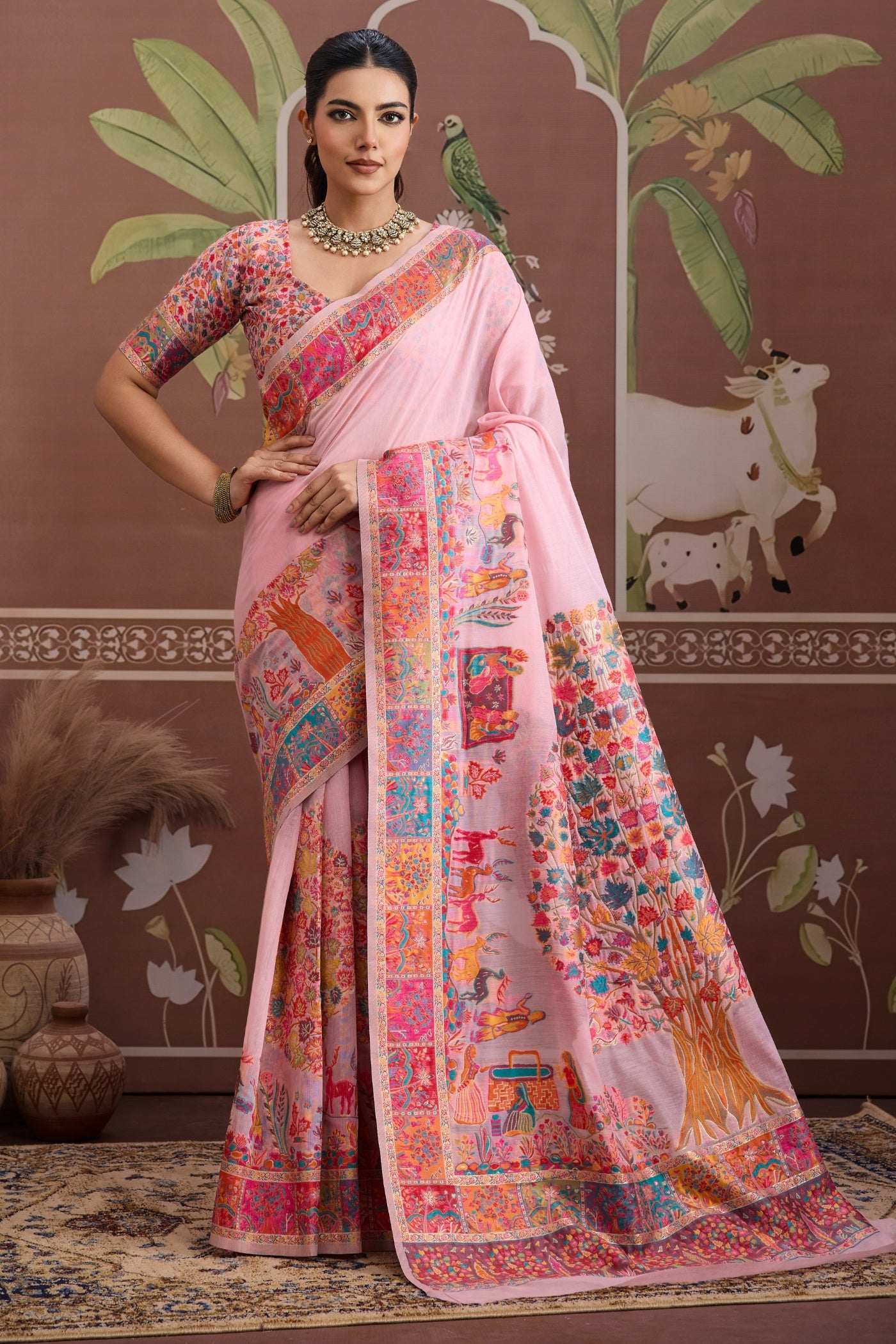 Buy MySilkLove Rose Pink Kashmiri Handllom Jamewar Saree Online