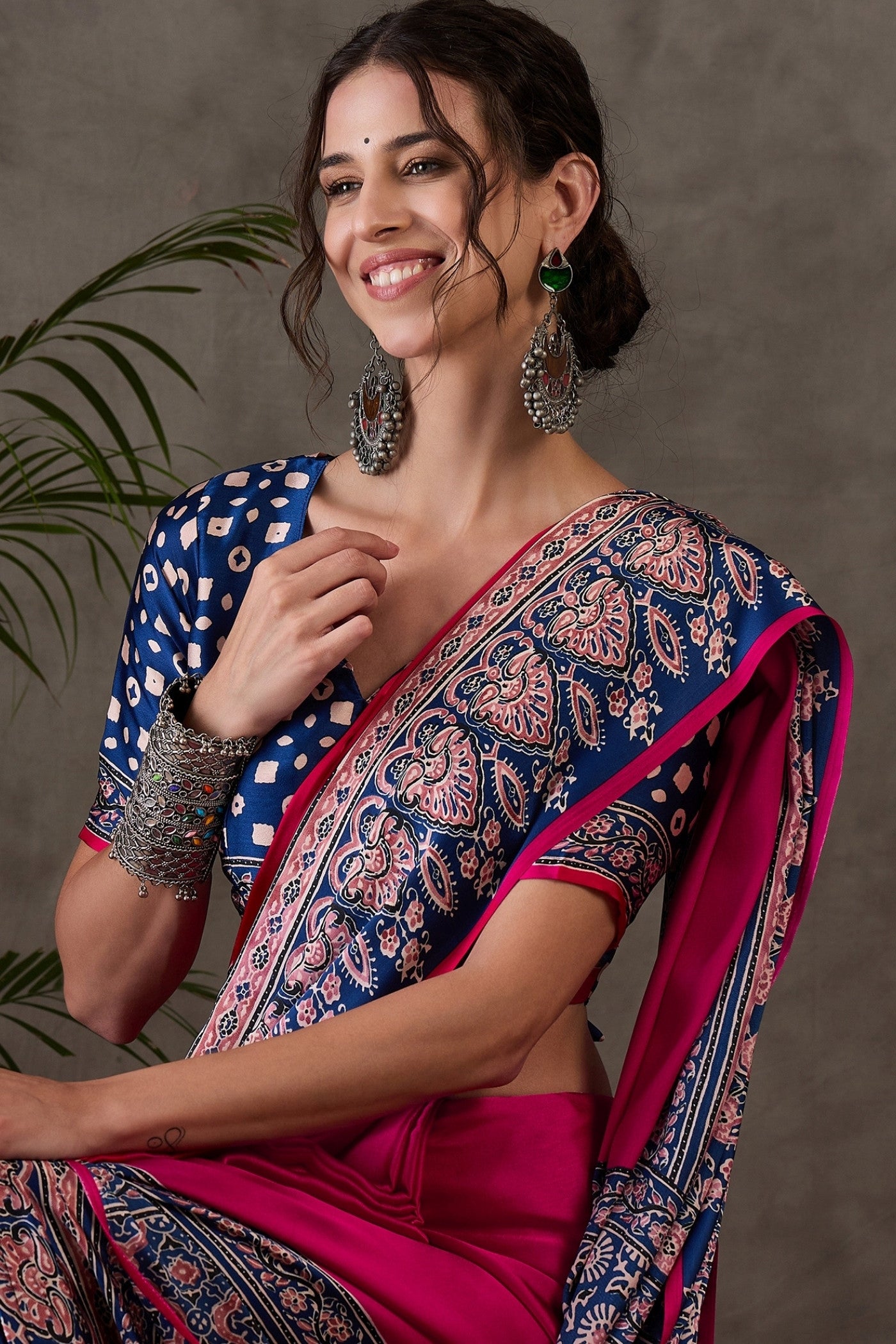 MySilkLove Magenta Pink Printed Satin Gaji Silk Saree