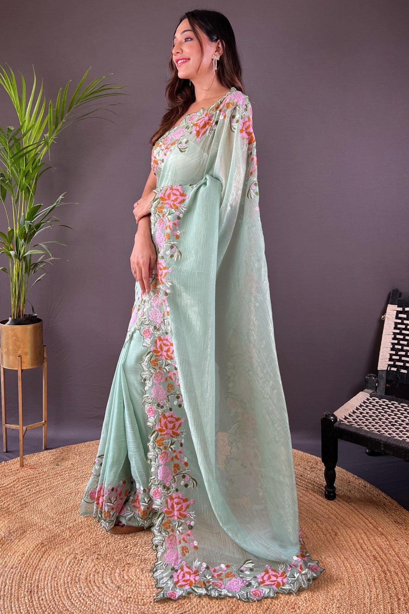 Buy MySilkLove Swamp Green Embroidered Party Wear Saree Online