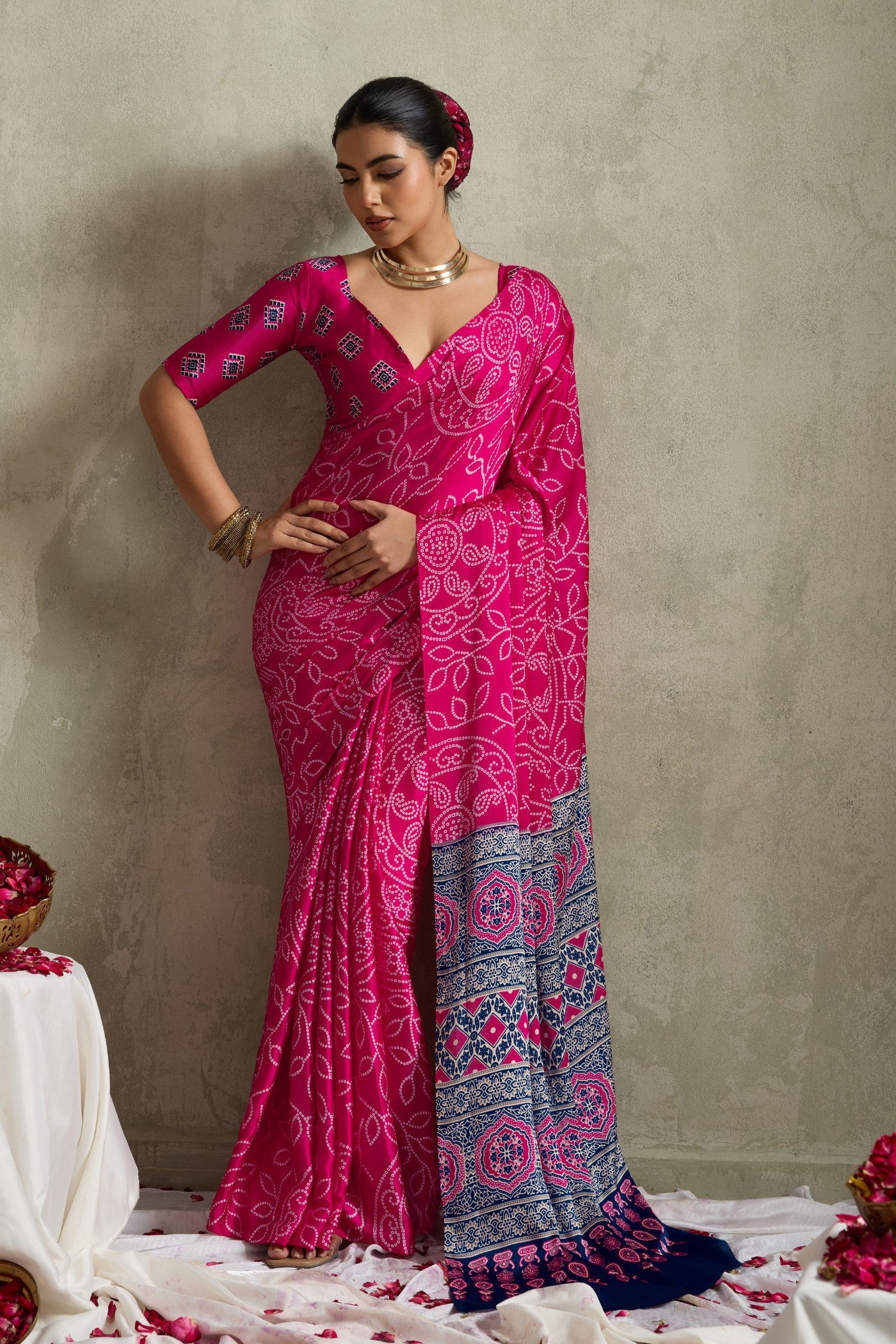 Buy MySilkLove Deep Pink Bandhani Printed Silk Saree Online