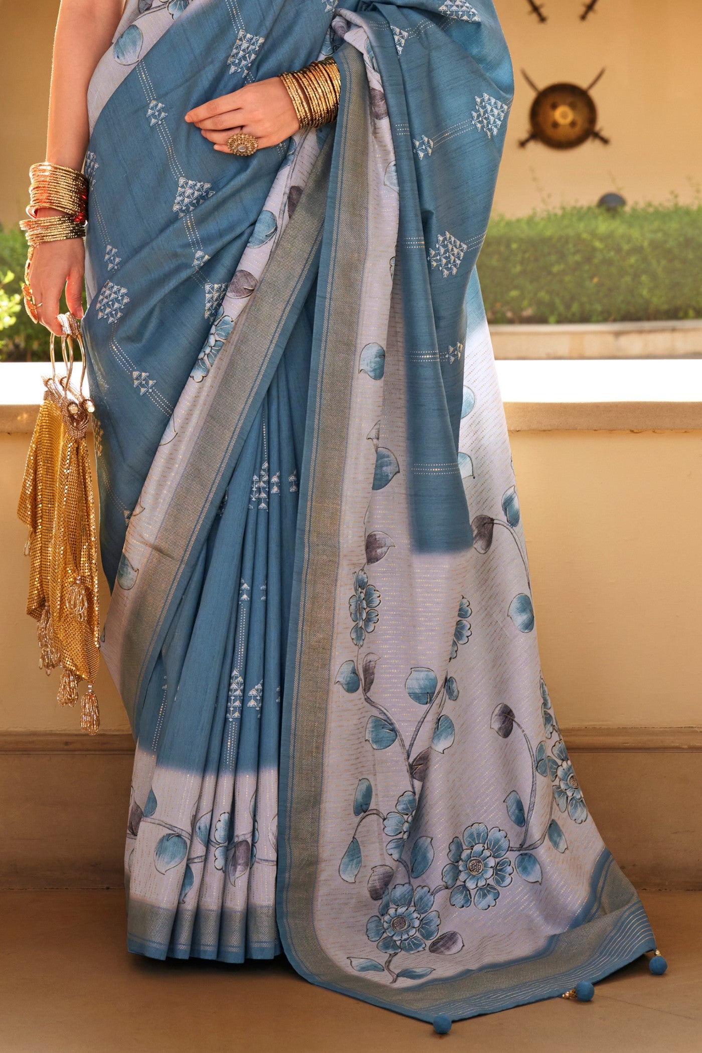 Buy MySilkLove Pewter Blue Floral Printed Banarasi Saree Online