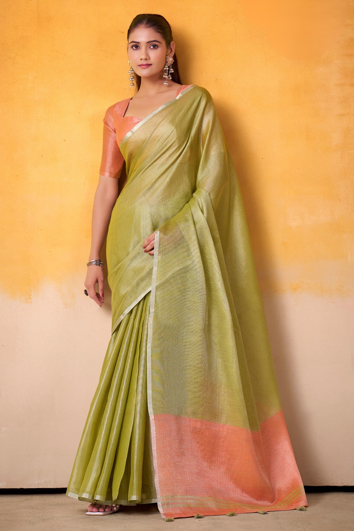 Buy MySilkLove Tea Green and Orange Woven Tissue Silk Saree Online