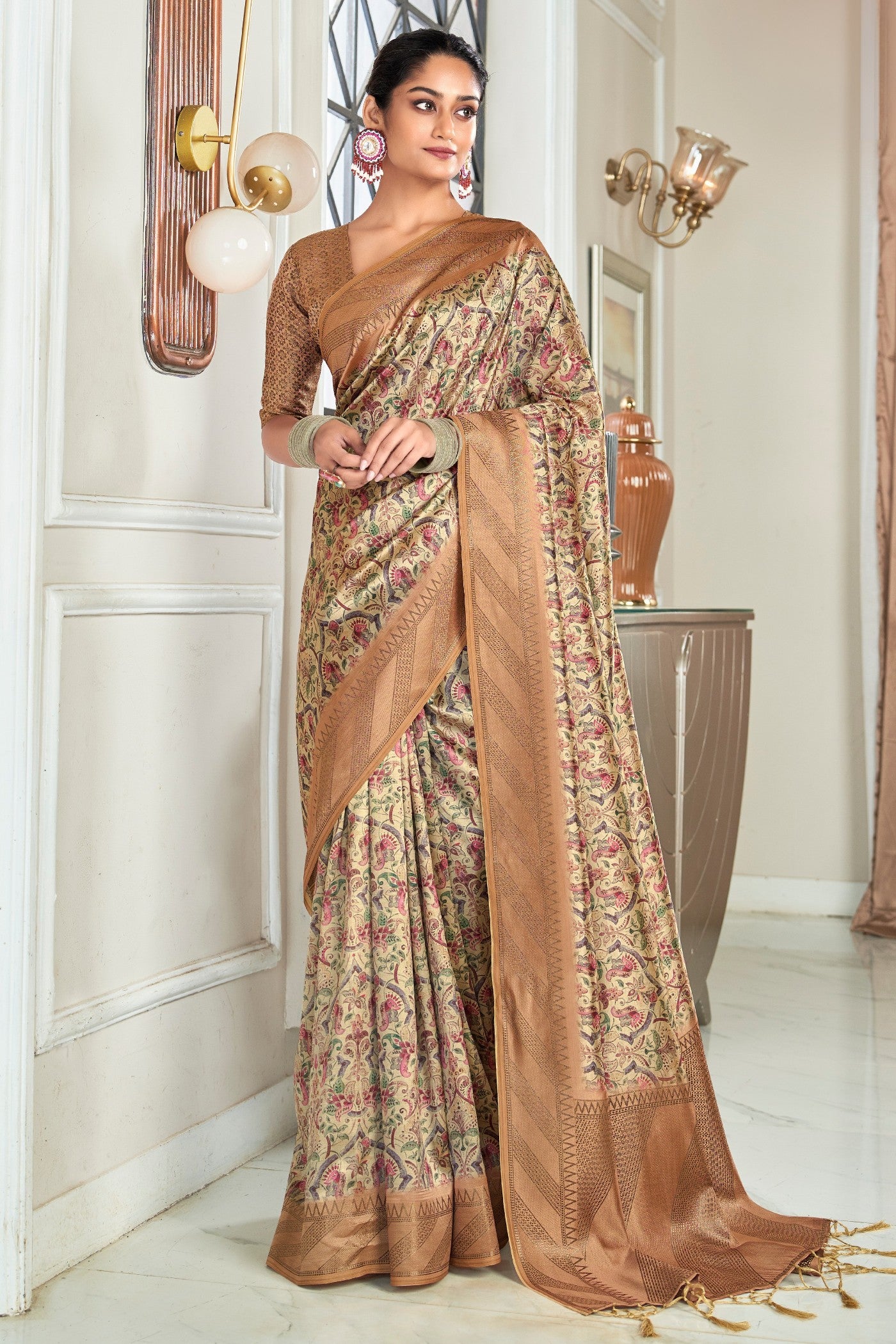 Buy MySilkLove Cameo Cream and Brown Digital Printed Banarasi Saree Online