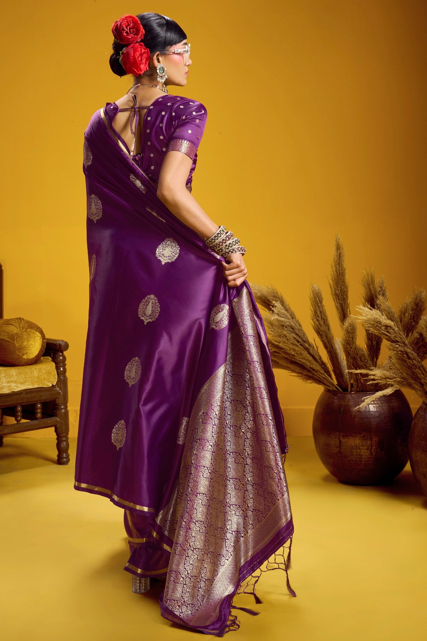 Buy MySilkLove Kingfisher Purple Handloom Satin Silk Saree Online