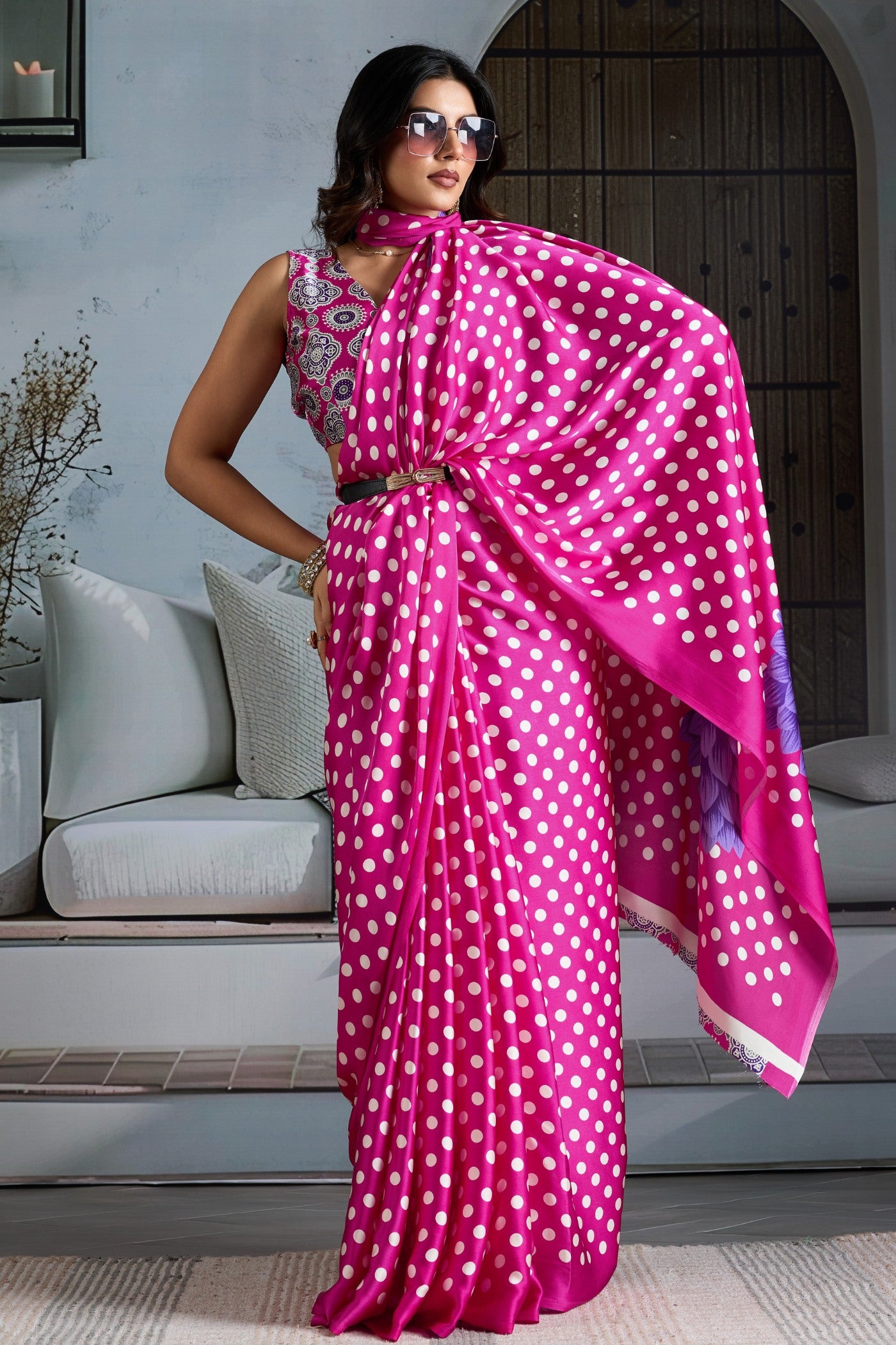 Buy MySilkLove Periwinkle Pink Printed Polka Dots Satin Crepe Saree Online