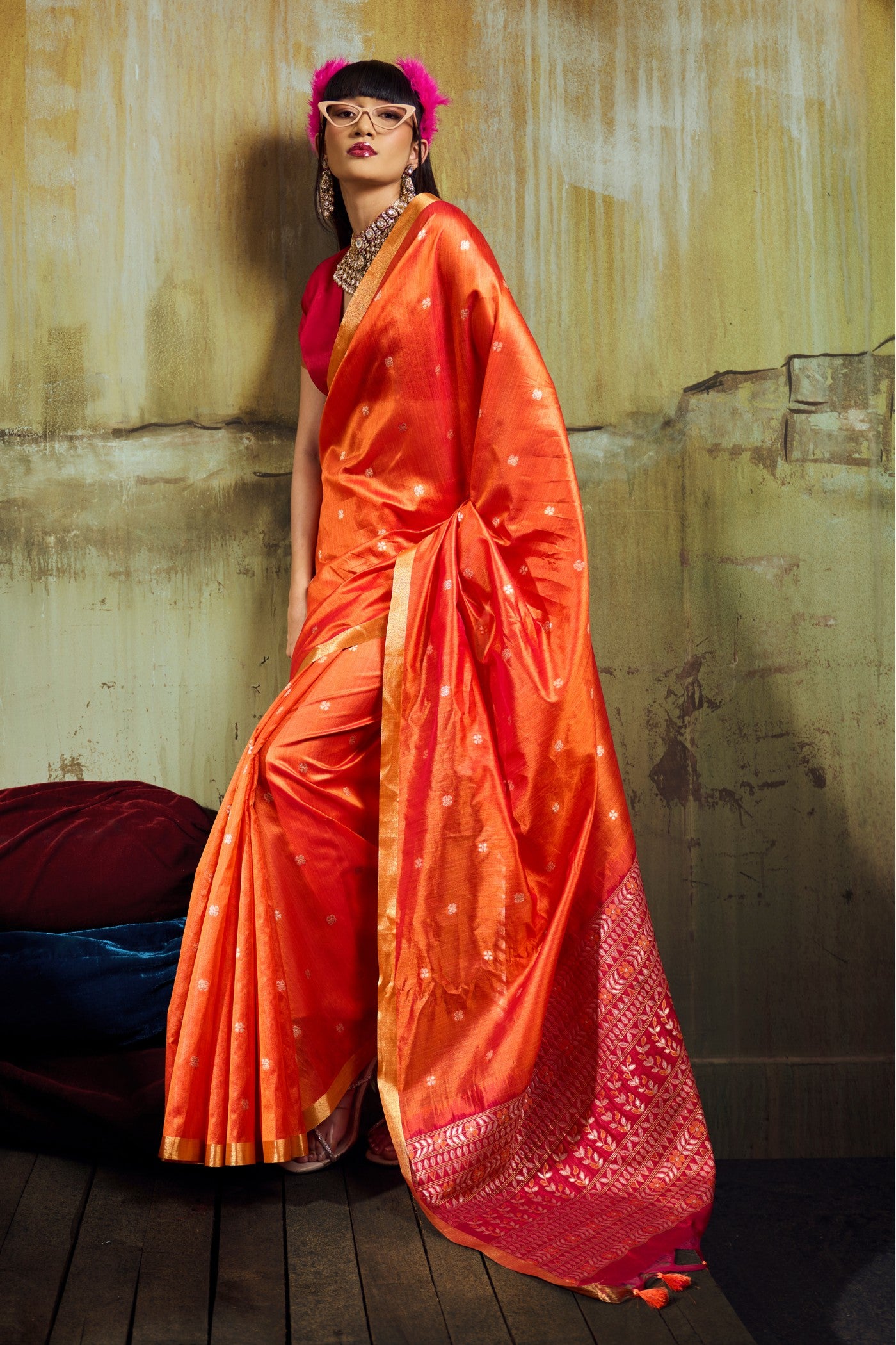 Buy MySilkLove Tangerine Orange Tussar Handloom Silk Saree Online