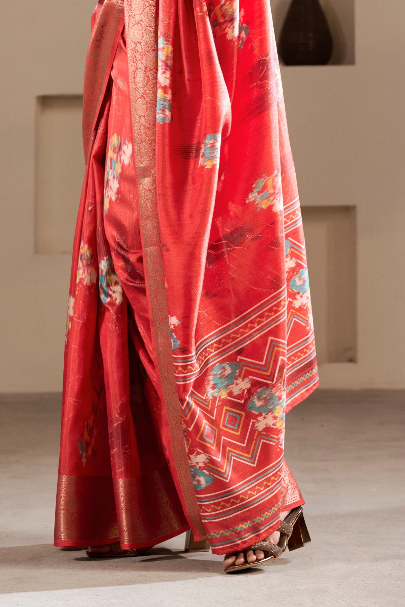 Buy MySilkLove Tamrillo Red Printed Soft Dola Silk Saree Online