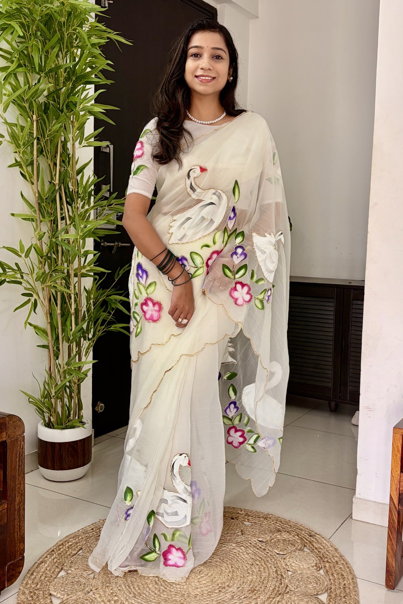 Buy MySilkLove Pearl White Organza Printed Floral Saree Online